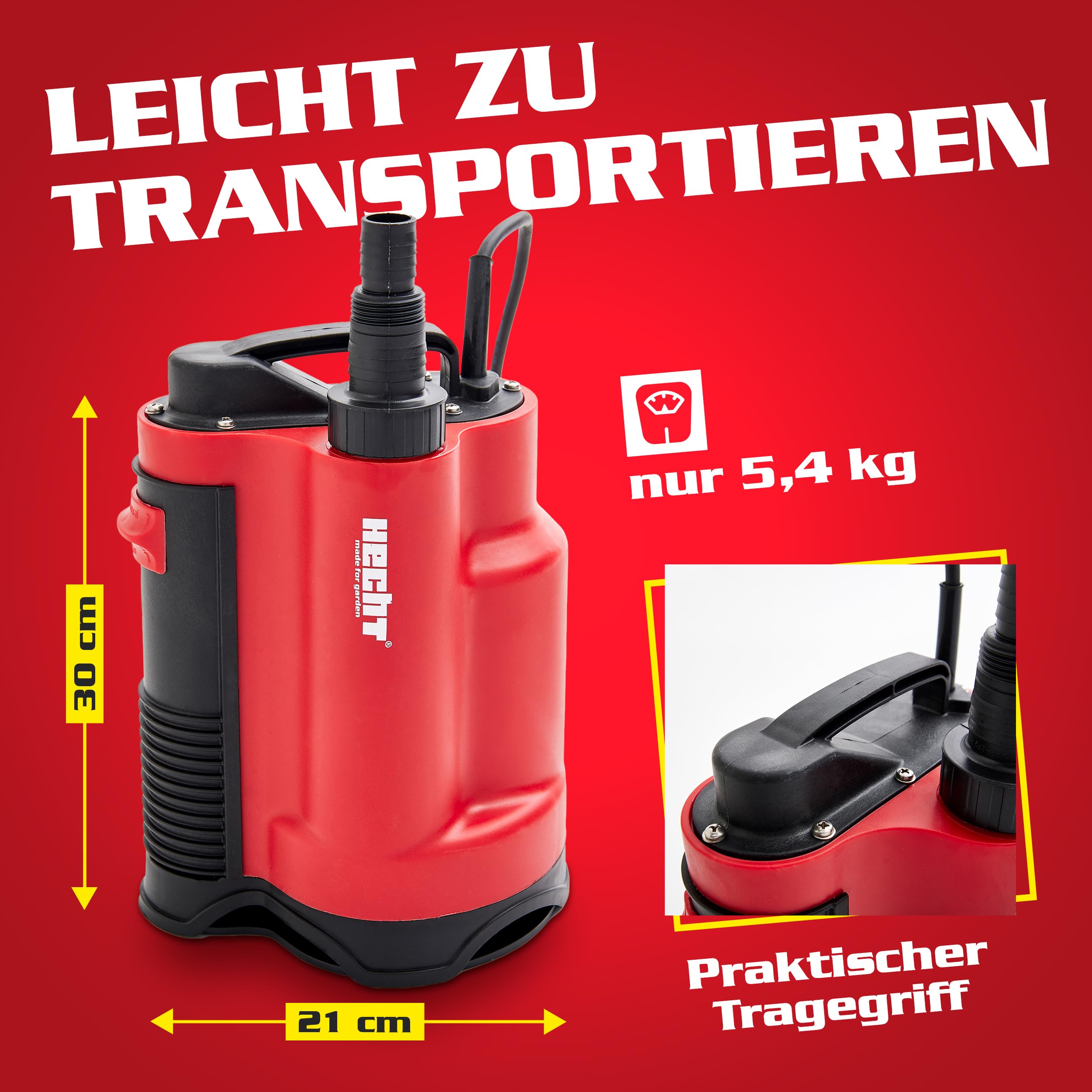 HECHT Tauchpumpe 750 W – 13 000 l/h Schmutzwasser & Klarwasser Automatik-Schwimmerschalter – Bis 9 m Förderhöhe - Wasserpumpe für Keller, Pool, Regentonne & Garten – zum Aus- & Abpumpen