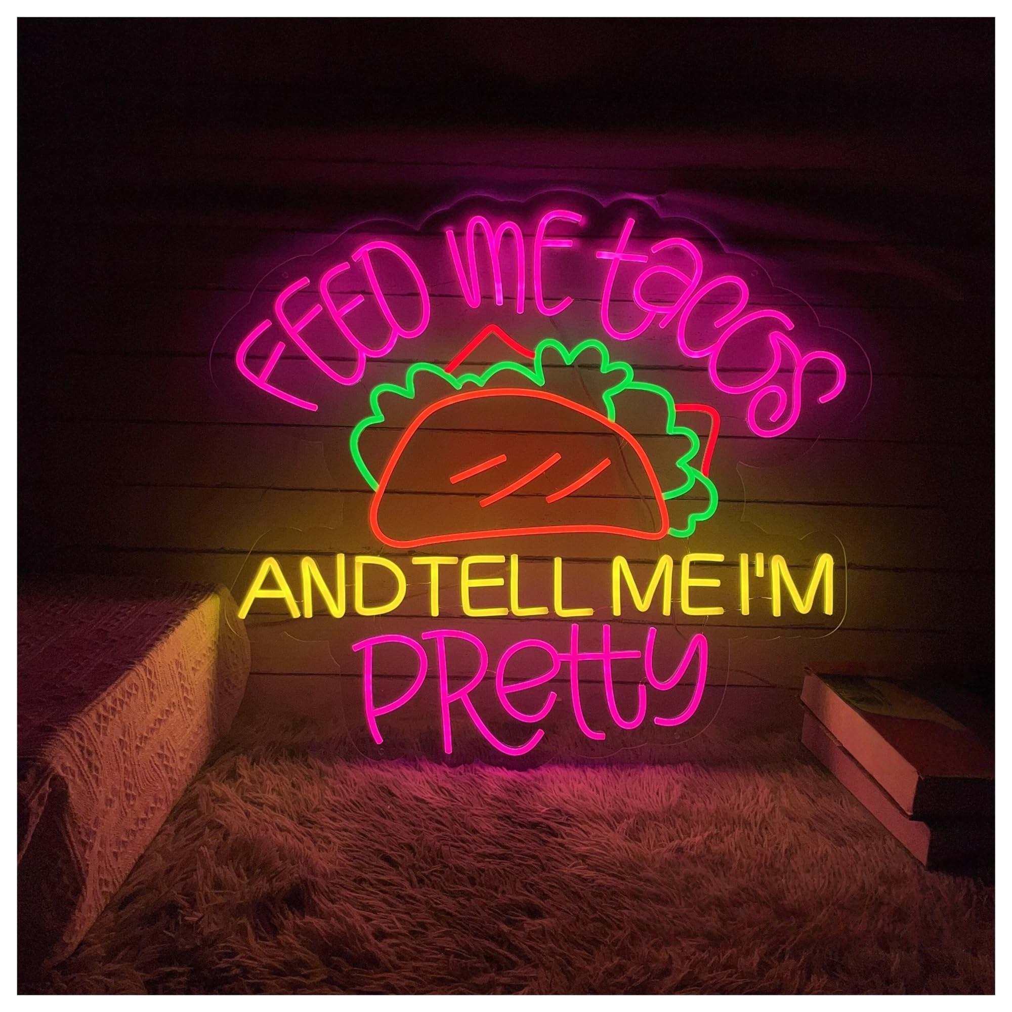 SHOUXI Sign Lamp Feed Me Tacos and Tell I'm Pretty Neon Sign, Taco Party Fast Food Light Home Wall Decor 49cmx55cm(A)