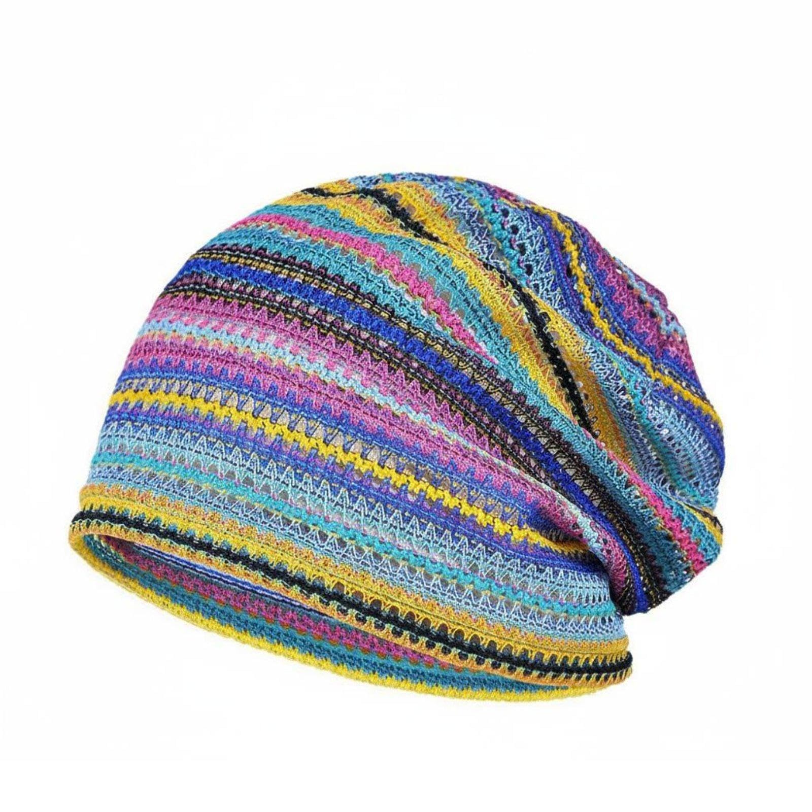 Breathable Summer Hat Soft Striped Lightweight Openwork Knit Hat for Women Purple Blue Yellow-image-44