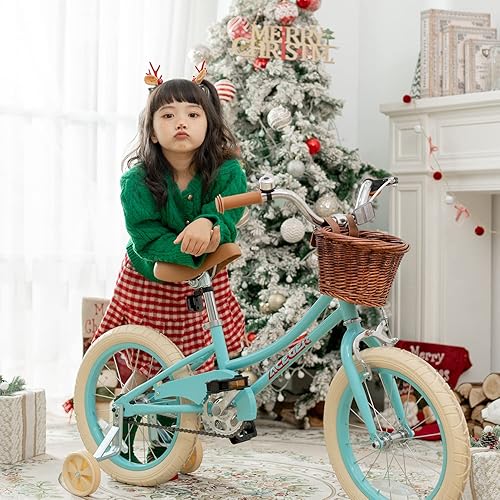 Miniatura 7 de ACEGER Bicicleta para niñas con canasta, bicicleta para niños de 3 a 13 años, incluye freno de posavasos y freno de pinza, 14, 16, 18 pulgadas, con