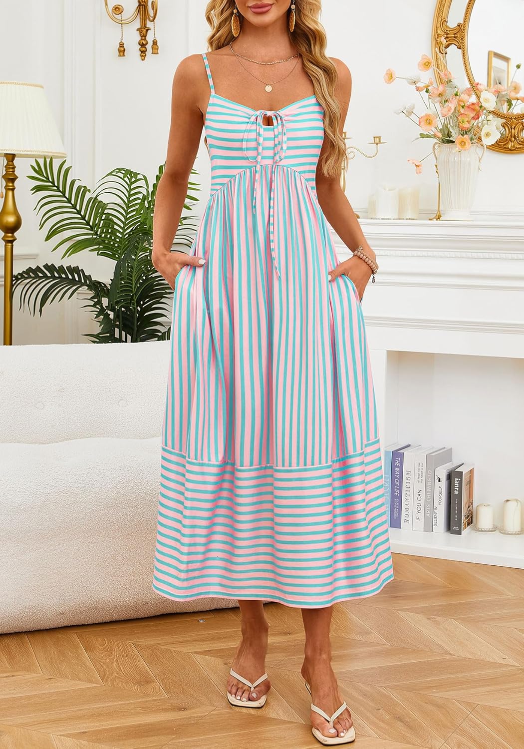 Fashionme Womens Summer Maxi Dresses 2026 Trendy Striped Vacation Boho Beach Spaghetti Strap Sundress Back Tie with Pockets - Image 8