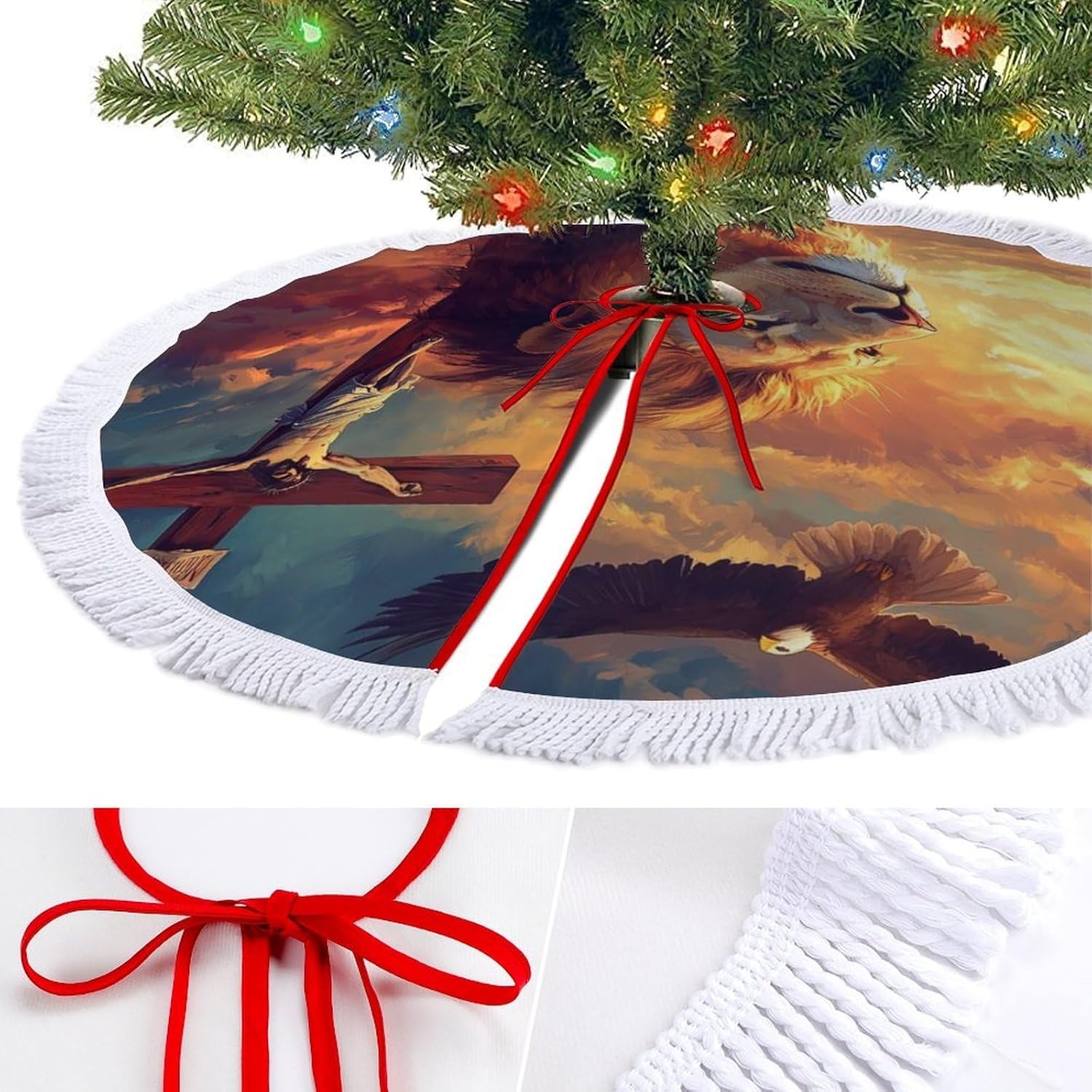 Christian Lion of Judah Ea-gle Christmas Tree Skirt Round Xmas Tree Mat Ornaments Tree Skirts with Tassels for Holiday Party