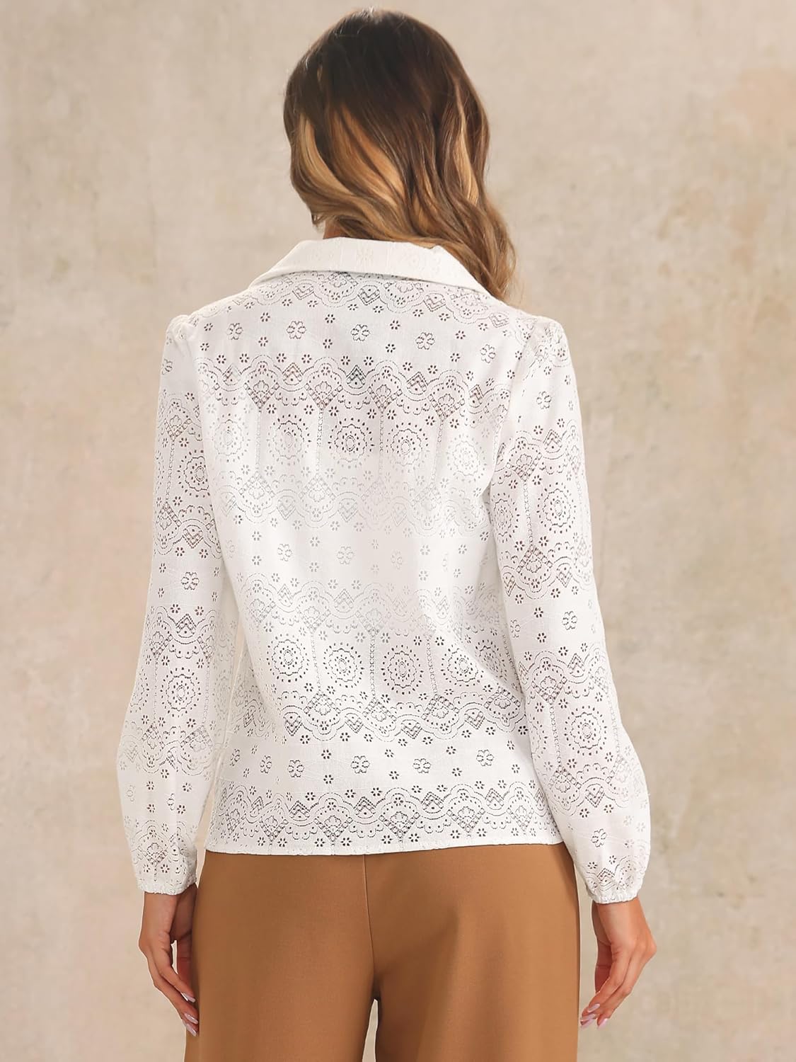 Allegra K Women's Elegant Eyelet Top Casual Work Long Sleeve Hallow Out Lace Sheer Button Down Shirt - Image 4