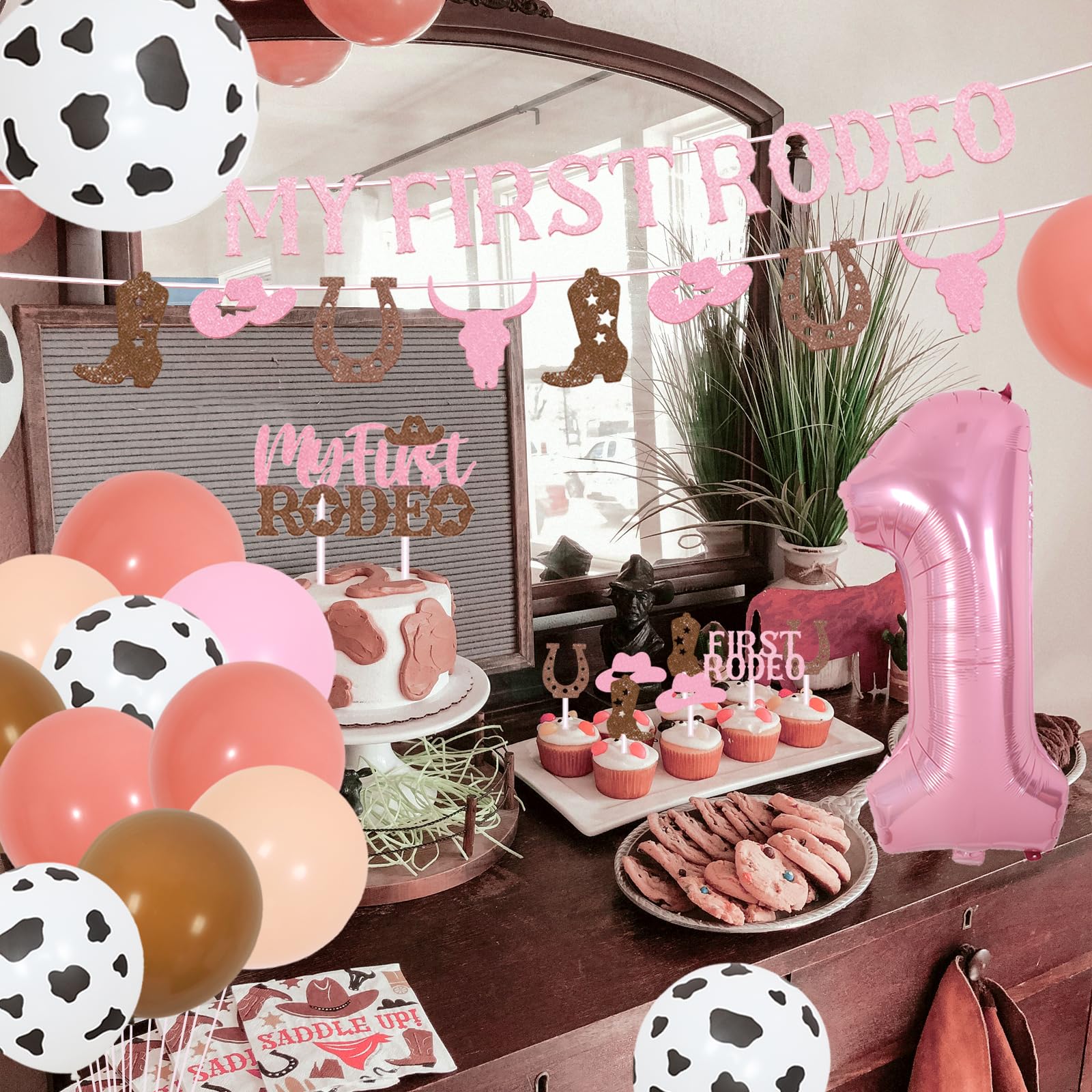 Fangleland Decorazioni per feste di compleanno First Rodeo, forniture per feste di compleanno a tema cowgirl occidentale, striscione glitterato My First Rodeo e topper per torta per ragazze