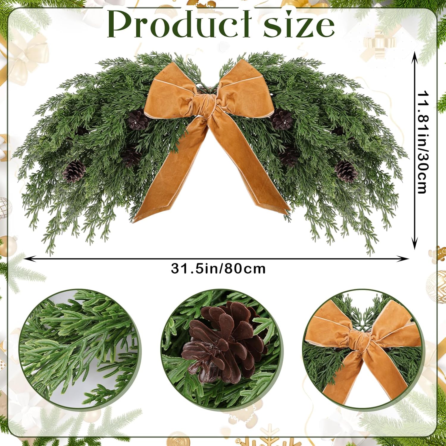 Suncalla 31.5" Christmas Swag for Front Door Rustic Velvet Bow Christmas Centerpiece with Berries for Indoor Outdoor Decor(Cedar,Khaki)