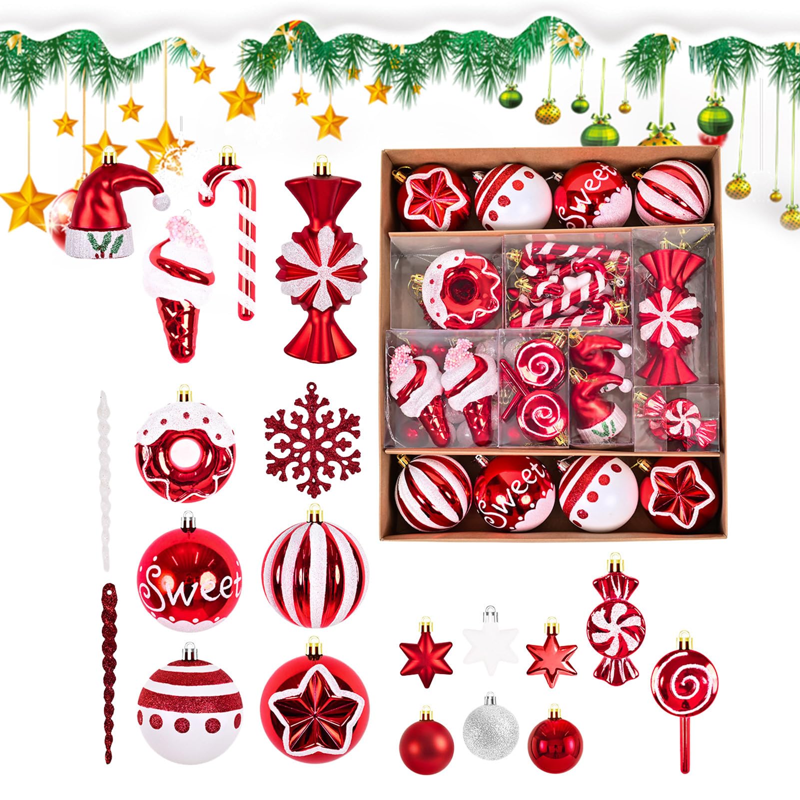 Weihnachtsschmuck in Kugel – 78 Stück Partydekorationen in Rot und Weiß, Weihnachtsbaumkugeln, Dekoration | für Wand, Schlafzimmer, Wohnzimmer, Innen- und Außenbereich, Mantel, Küche, Kamin