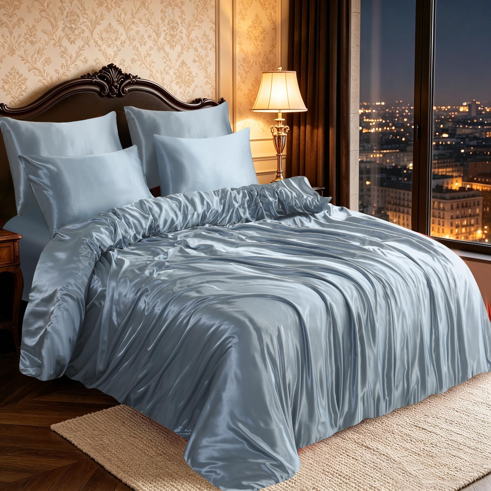 CHARKHAH Satin Silk 6 Piece Complete Bedding Set Durable Silky Fabric with Single Double King Size Bed Fitted Sheet Duvet Cover Comforter and 4 Pillow Cases (Baby Blue, Super King)