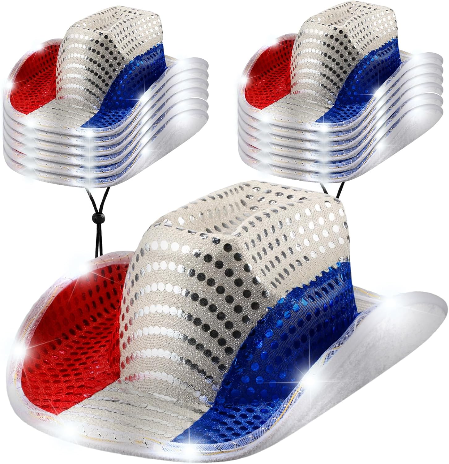Wesiti Light Up Red White and Blue Patriotic Cowboy Hats, LED American Sequin Cowgirl Hat, 4th Of July Sparkly Cowboy Hats for Women and Men Western Independence Day Party Supplies(12 Pcs)
