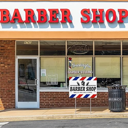 Vista 5 de Therwen Letrero de bienvenida de 3 piezas de 12 x 15.8 pulgadas, letrero de peluquería de doble cara a rayas azules para decoración de peluquería al