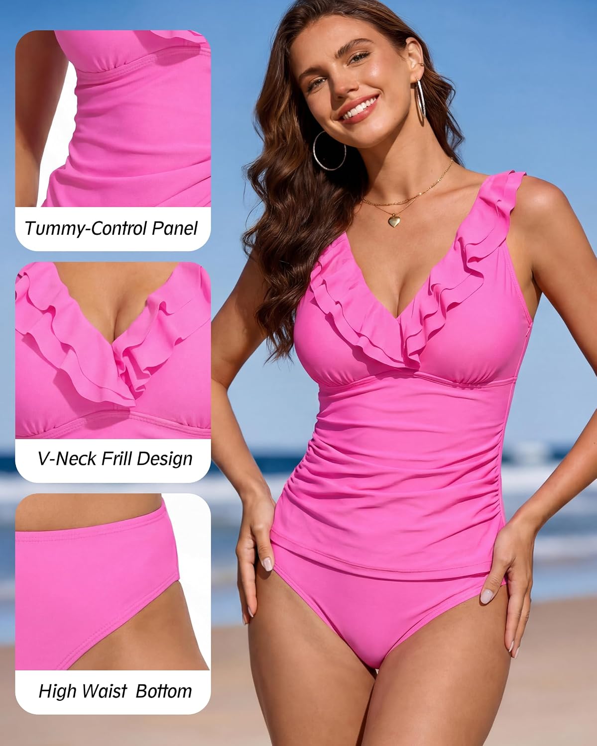 fauson Tankini Swimsuits for Wowen, Two Piece Tummy Control Bathing Suits Swimwear Flattering Slimming Top Bra