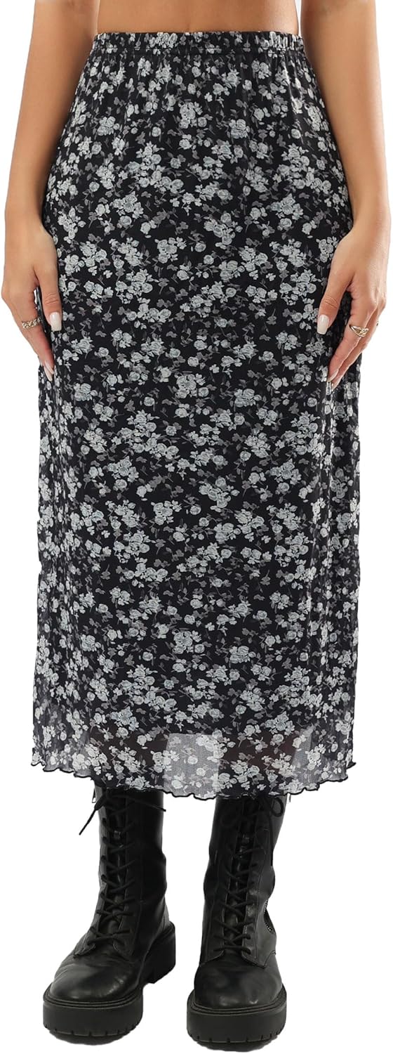 Avanova Women Mesh Floral Boho High Waist Midi Skirt Lettuce Trim Summer A Line Skirt A Floral Black Small - Image 3