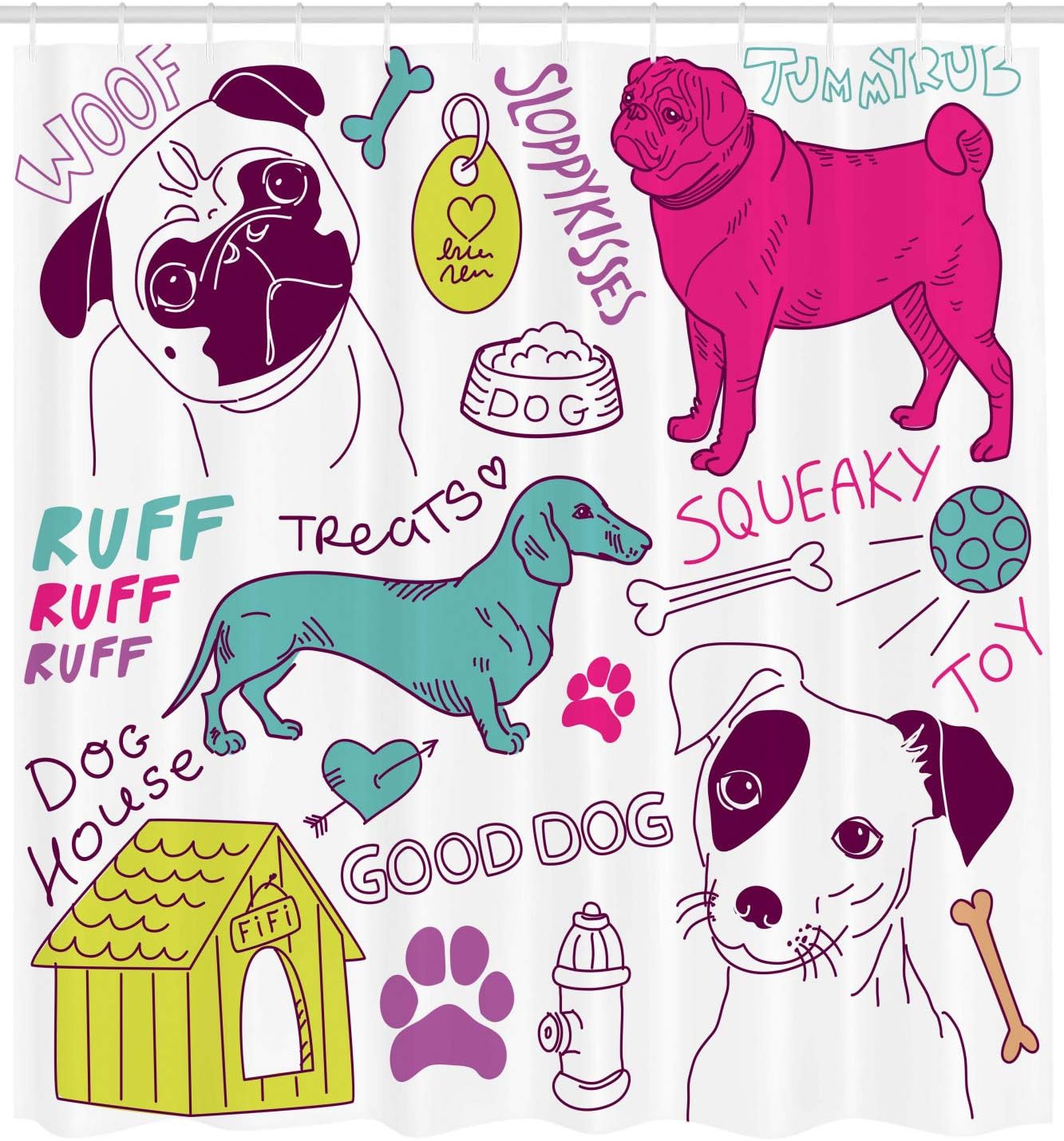 Ambesonne Dog Lover Shower Curtain, Love Dogs! Doodles Footprint Food House Kennel Bowl Ball Toy Play Time, Cloth Fabric Bathroom Decor Set with Hooks, 69" W x 70" L, Fuchsia Teal