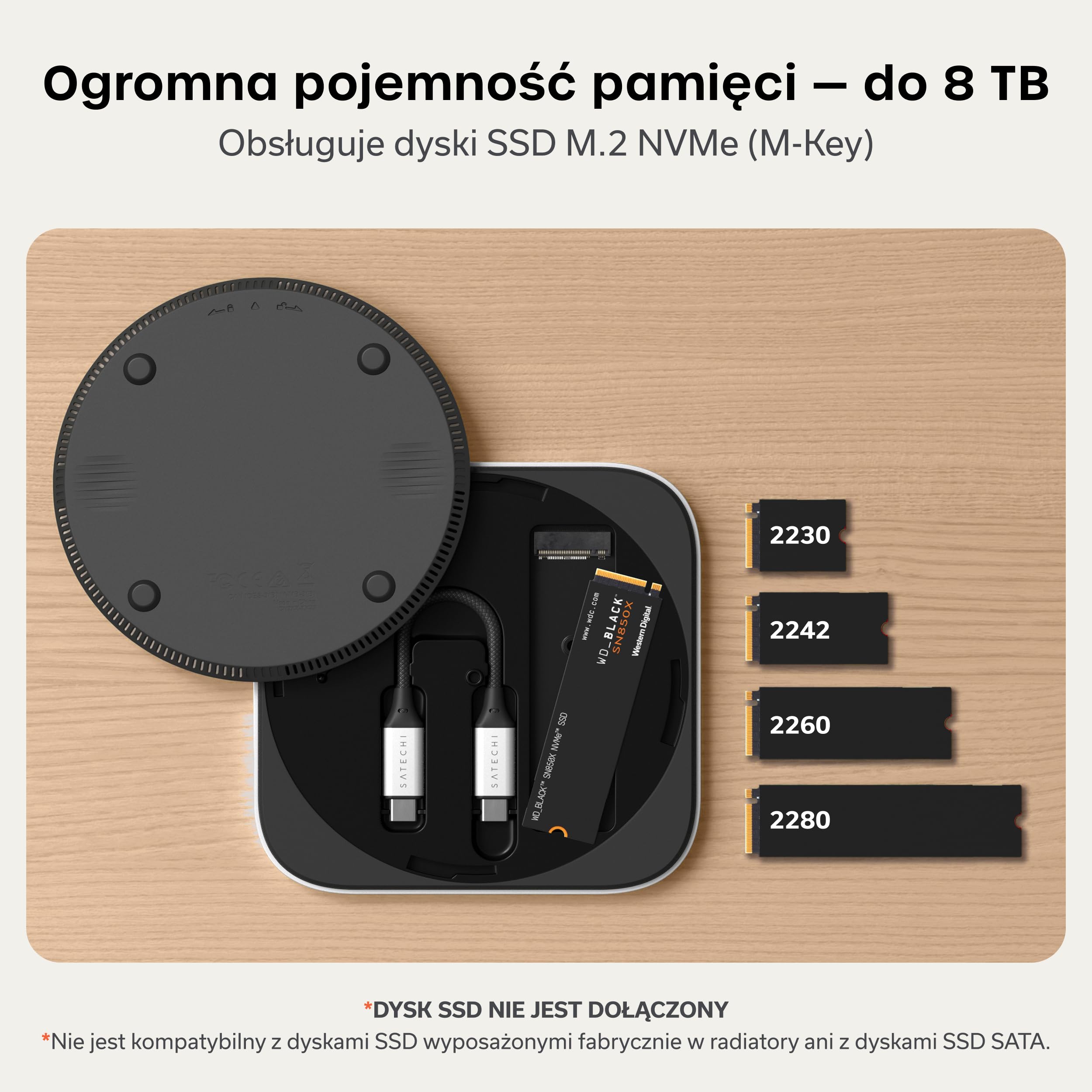 SATECHI USB4 NVMe SSD Obudowa do Mac Mini M4, do Thunderbolt 5/4, do 8TB, Prędkość 40Gbps, System Chłodzenia, do Dysków SSD M.2 2280/2260/2242/2230 (Dysk Nie Jest Dołączony)
