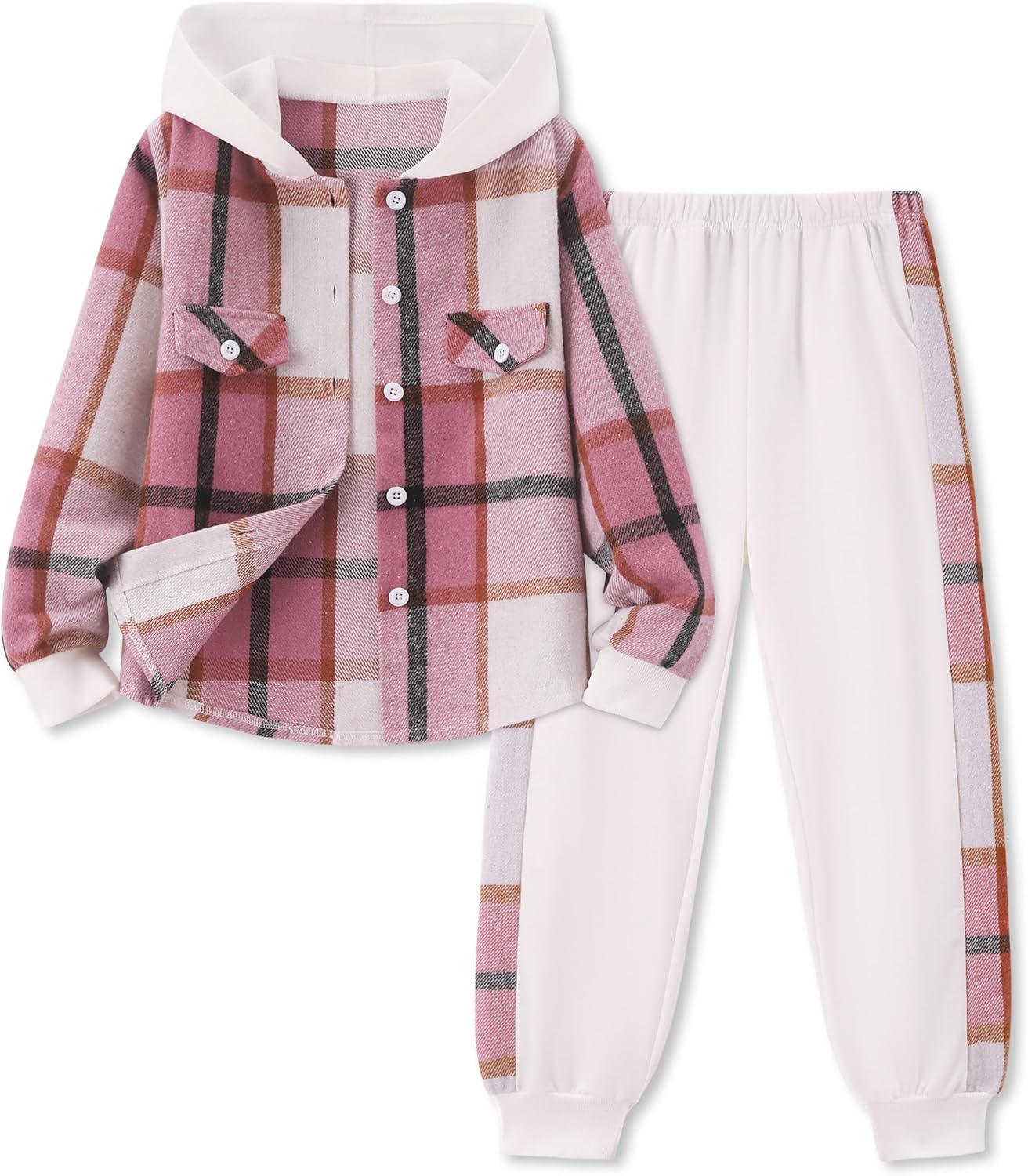 Girls Clothes Fall Outfits Classic Flannel Plaid Soft Cozy Hoodies for Girls Sweatshirt Sweatpant 2pcs Sets 7-14Y