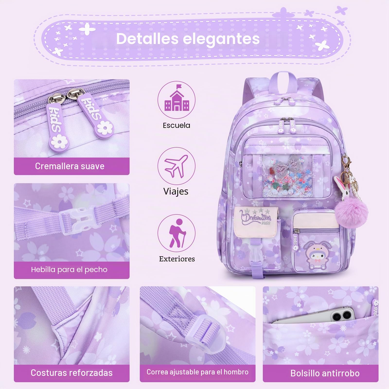 Mochilas escolares para niñas, capacidad Lagre,mochilas para niñas para primaria (Mochila Infantil + Bolsa de Almuerzo Aislada + Estuche Para Lápices, Color Morado)