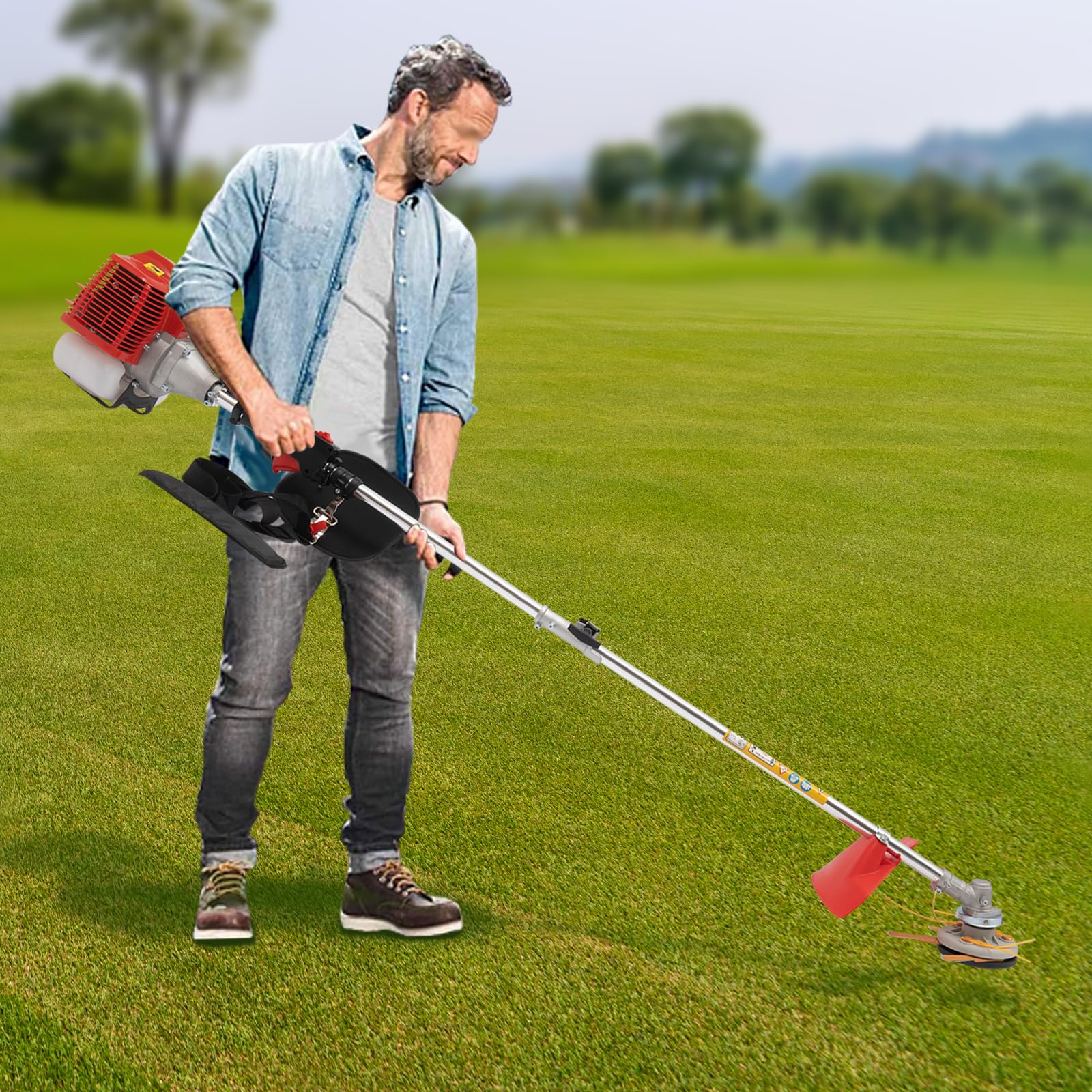 POIOKLJRE 43CC Gasoline Weed Wacker, 8500RPM 2-Stroke Brush Cutter with 2-in-1 Blade Heads, 33.8oz Large Fuel Tank Adjustable Handle for Lawn, Farm, Orchard, Vineyard