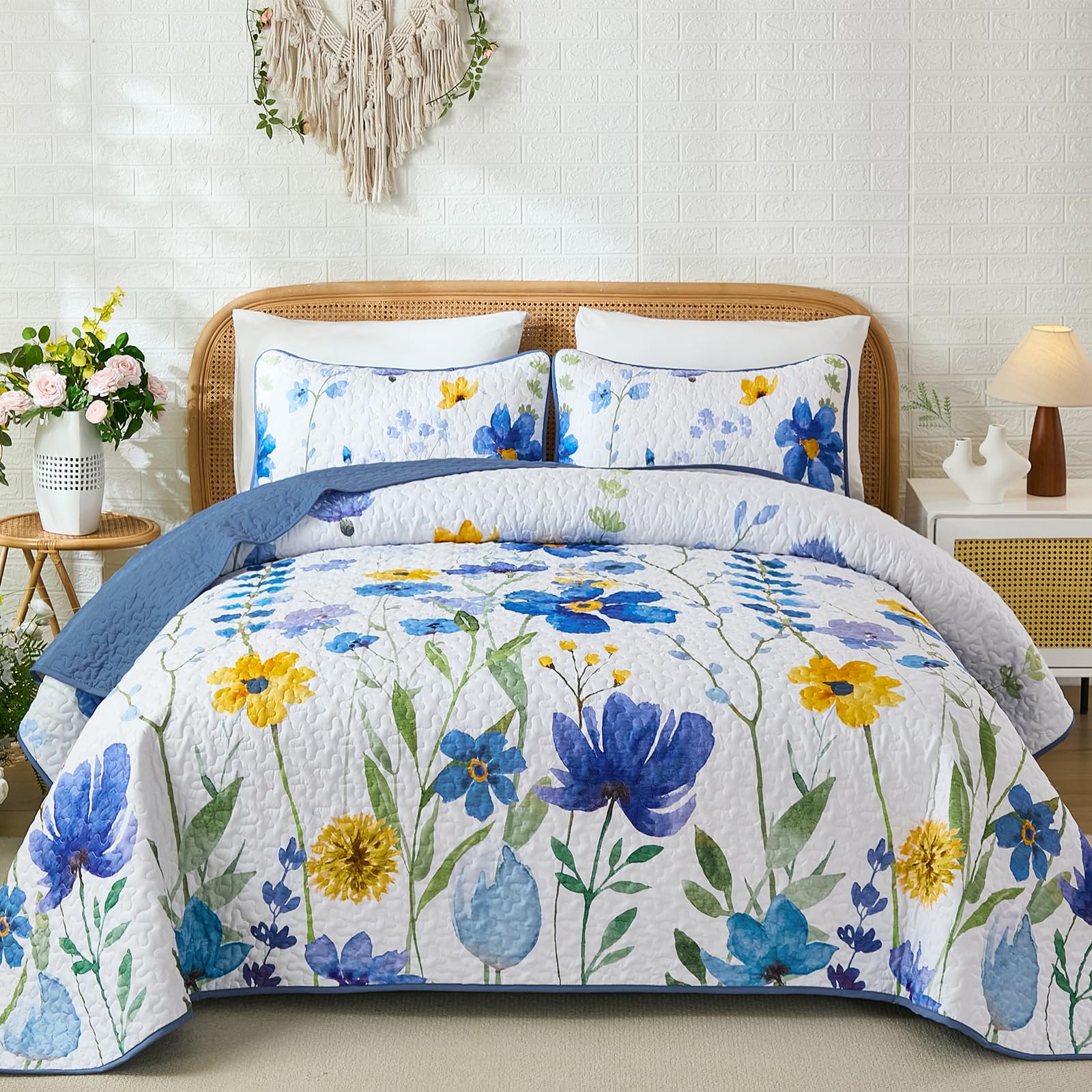Anibedding Floral Quilt Set, Blue-Yellow, King