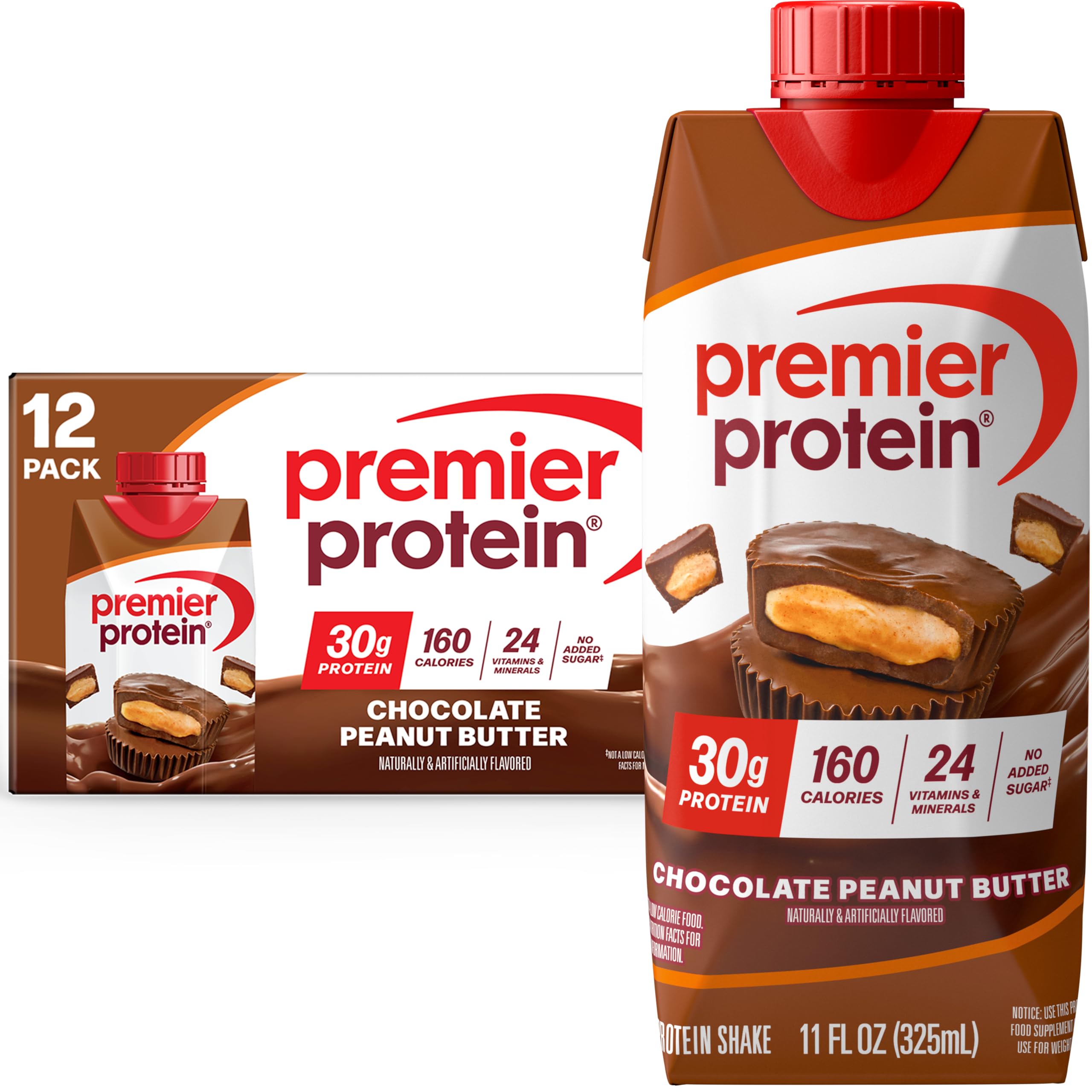 Premier Protein Shake, Chocolate Peanut Butter, 30g Protein, 11 fl oz, Pack of 12 (Packaging May Vary)