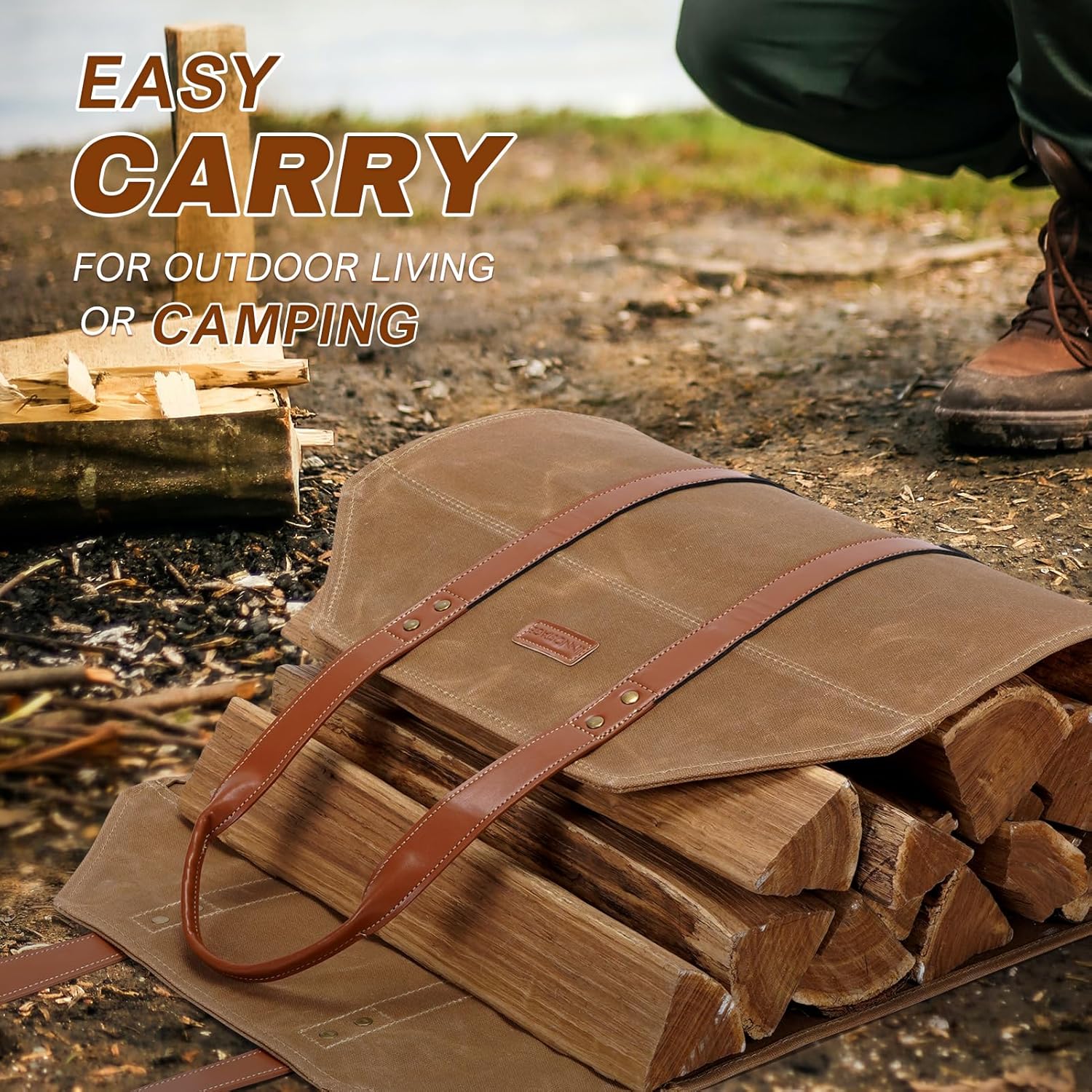 INNO STAGE Log Carrier|Waxed Canvas Log Holder|Firewood Carrier Tote Bag|Fireplace Wood Stove Accessories-Khaki - Image 7