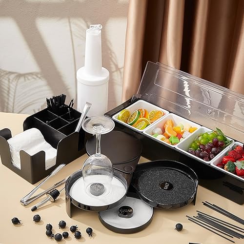 Miniatura 4 de Bandeja de adorno con barra de tapa, barra de 3 niveles, 12 vertedores de botellas clásicos de acero inoxidable, 2 botellas de plástico para verter