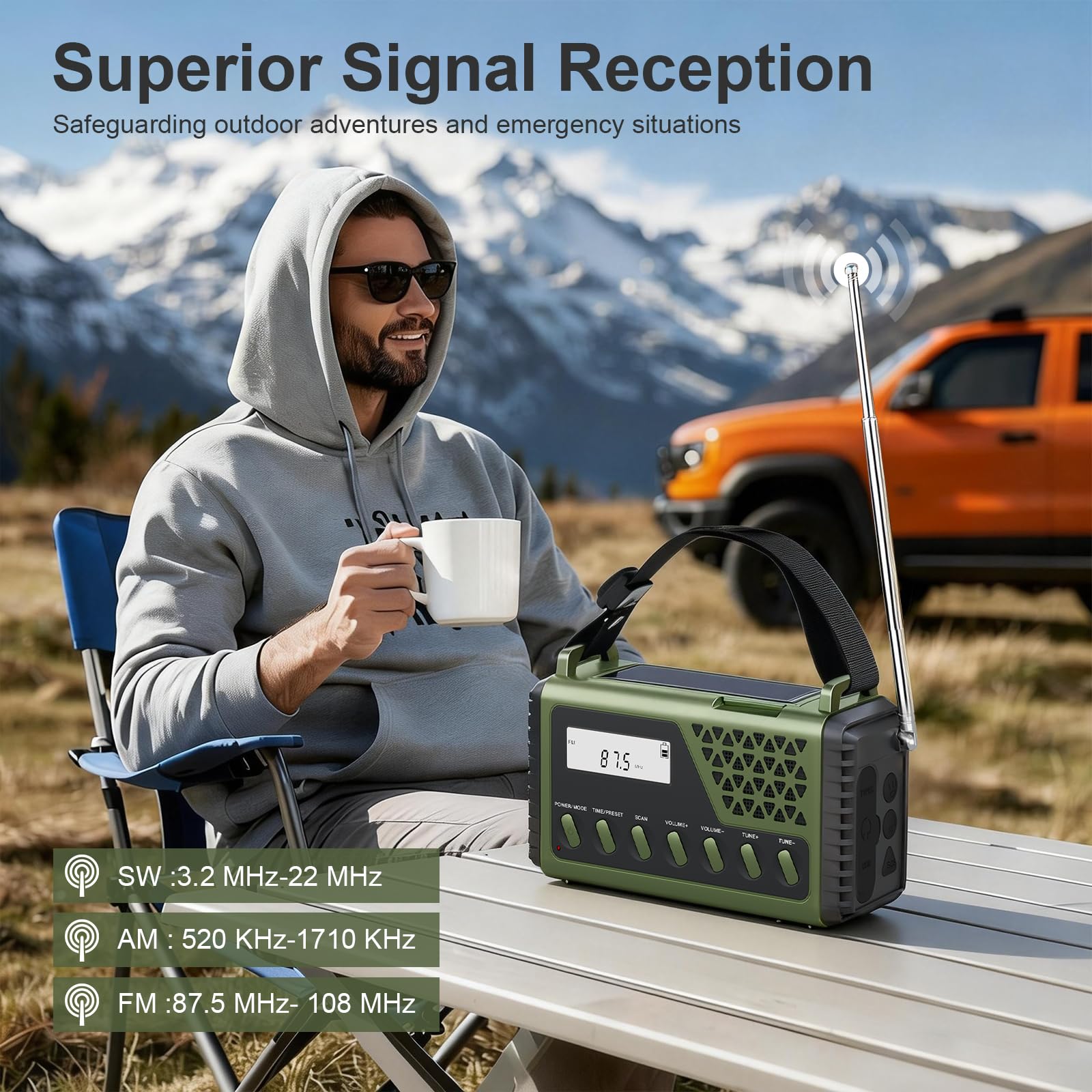 Gemmac 10000mAh Radio a Pilas con Bluetooth, Am/FM/SW Transistor Radio Solar de Emergencia con Manivela Portátil Pequeña Power Bank, Alarma SOS, Brújula, Linterna, Luz de Lectura para Supervivencia