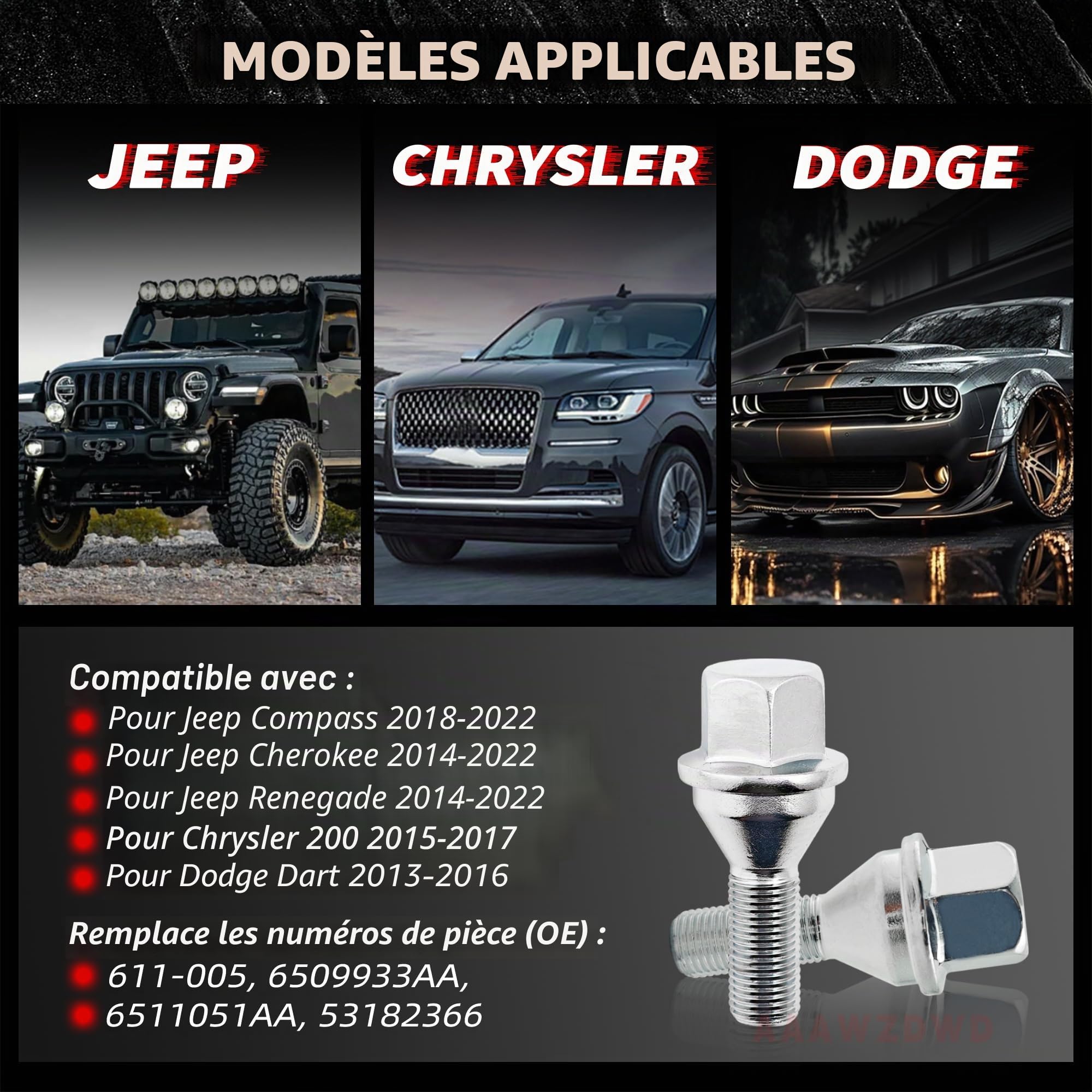 Lot de 20 boulons de roue M12-1.25 pour Jeep Compass 2018-2022, Cherokee Renegade 2014-2022 et Chrysler 200 2015-2017 et Dodge Dart 2013-2016, remplace # 6509933AA 11-00 5