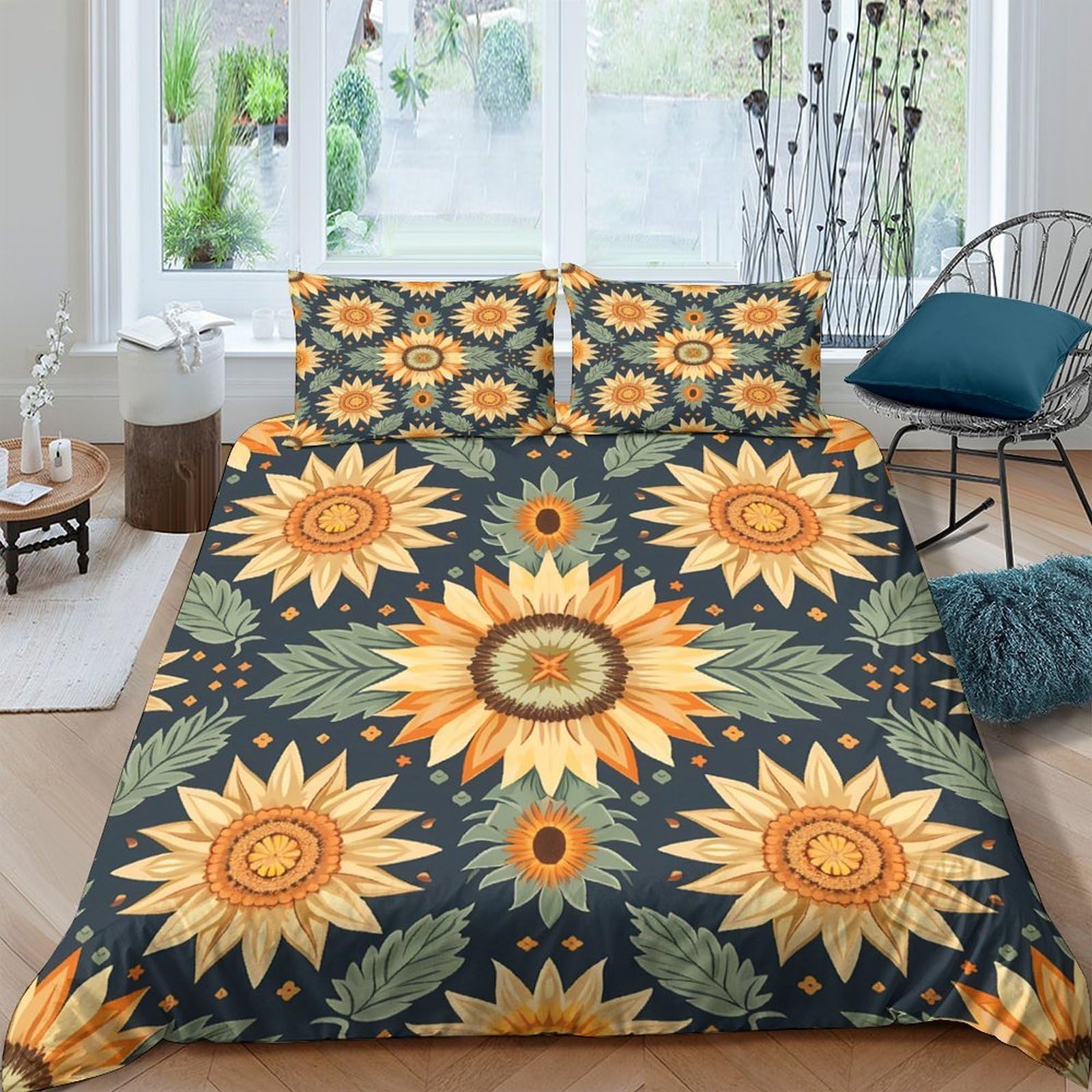 Ctjqhvkz Style-8 3D Printed Sunflower Fitted Sheet Microfiber Deep Yellow Floral Bed Cover For Bedroom Guest Room Easy Care Decor Single（135X200cm）