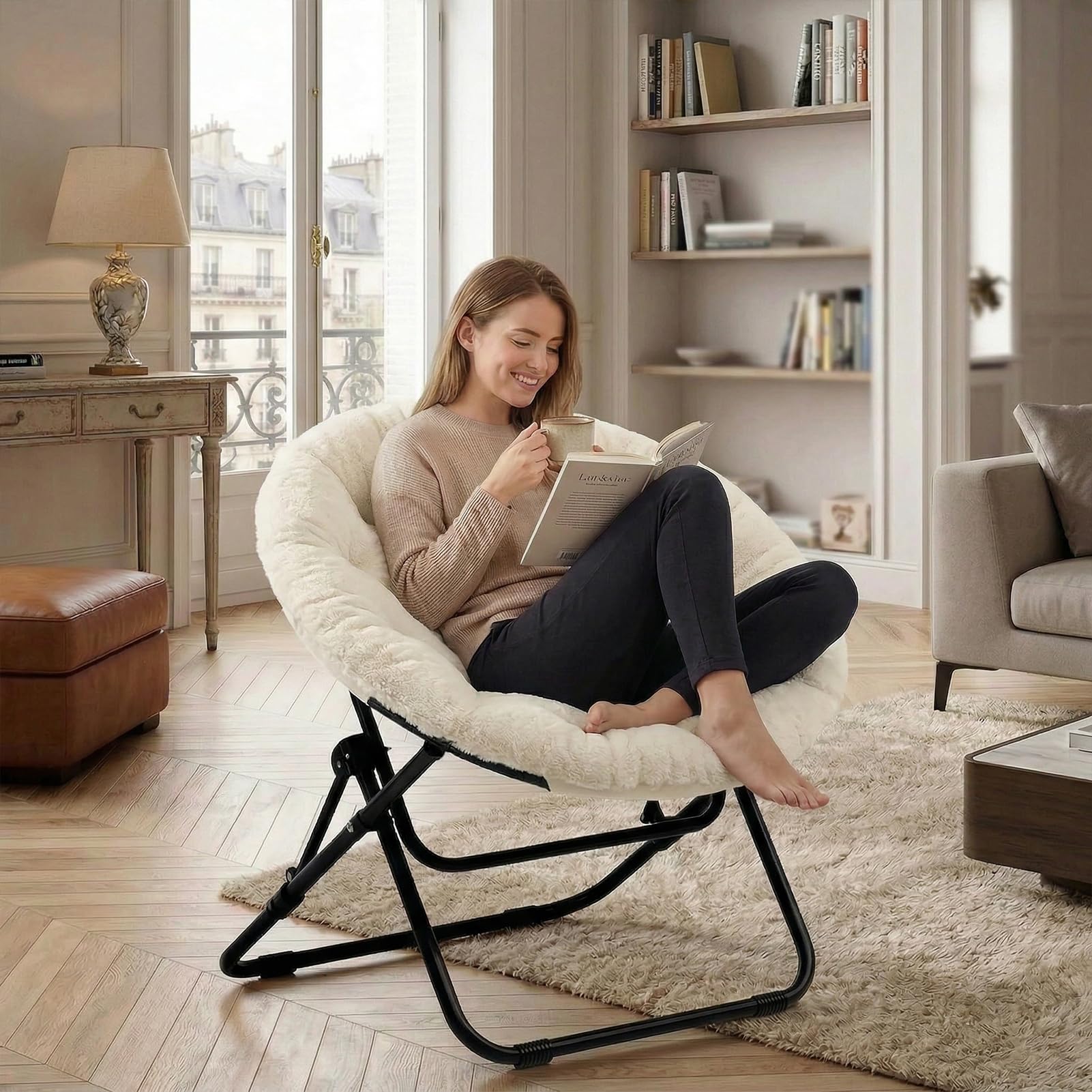 HollyHOME Petit Fauteuil Pliable de Salon & Chambre Rond Fauteuil de Lecture Pliante Fauteuils D'appoint Portable Chaise en Métal, Peluche Beige