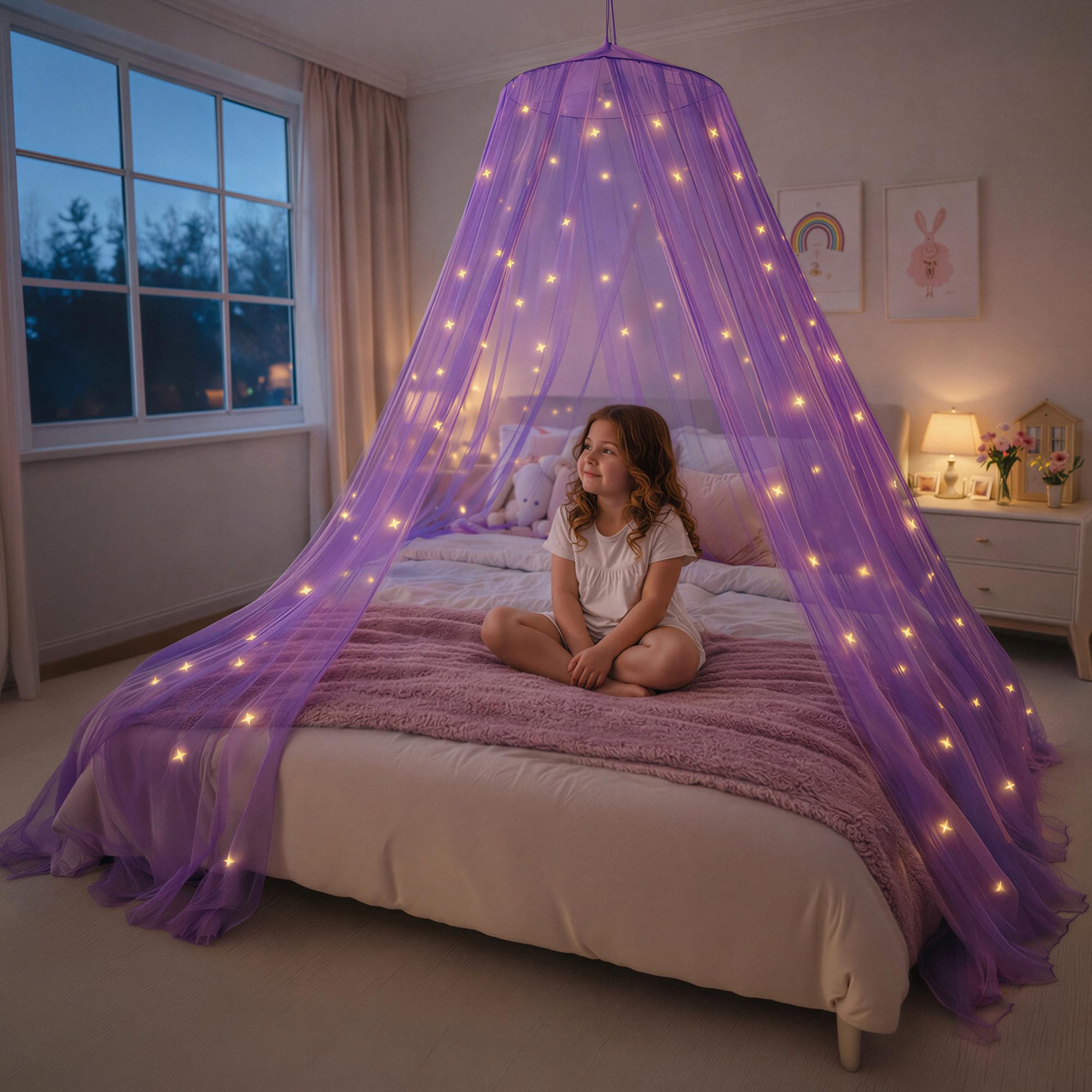 Bollepo Purple Bed Canopy for Girls with Glowing Stars - Princess Netting Room Decor, Ceiling Tent to Cover Toddler | Single, Twin, Full, Queen Size Kids Bed, Fire Retardant Fabric