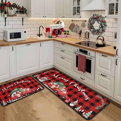 Miniatura 7 de Juego de 2 alfombras y tapetes de cocina de Navidad, decoración de Navidad con parte trasera antideslizante, decoración de Navidad para el hogar, de