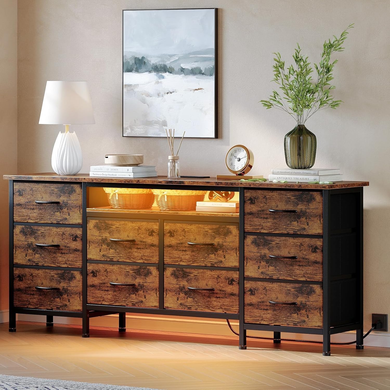 CABIHOME 63 Inch 10-Drawer Dresser with LED Lights & Power Outlets, Wide Fabric Dresser for Bedroom, Long Storage Chest & TV Stand for Living Room, Holds TVs Up to 75", Brown