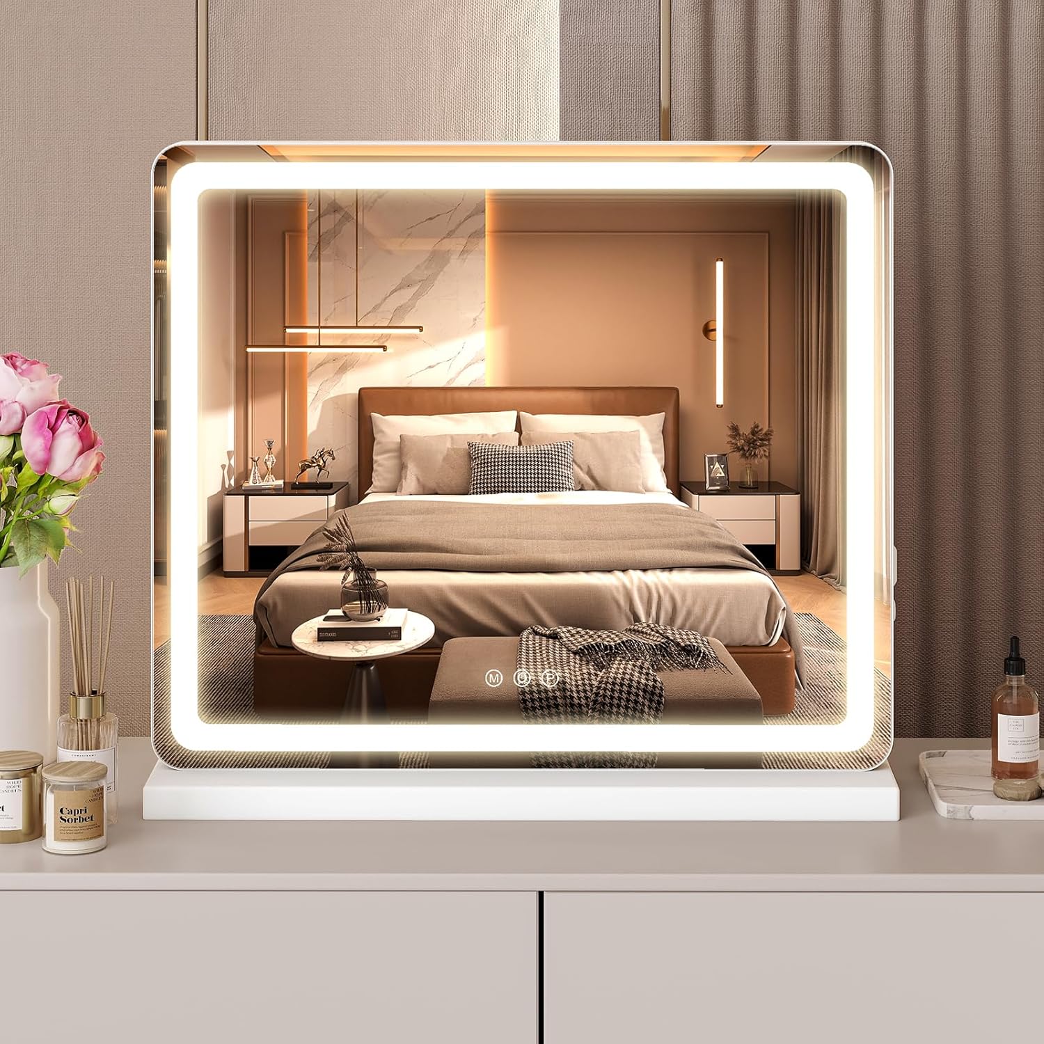 NEWBULIG 20"x22" LED Vanity Mirror with Lights, Lighted Tabletop Makeup Mirror, Touch Control Dimmable Brightness, 3 Color Lighting Modes