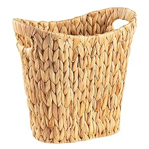FairyHaus Wicker Trash Can with Handles, Natural Water Hyacinth Wicker Waste Basket, Handwoven Wicker Trash Basket for Bathroom Bedrooms, 13" L x 7.5" W x 12.2" H