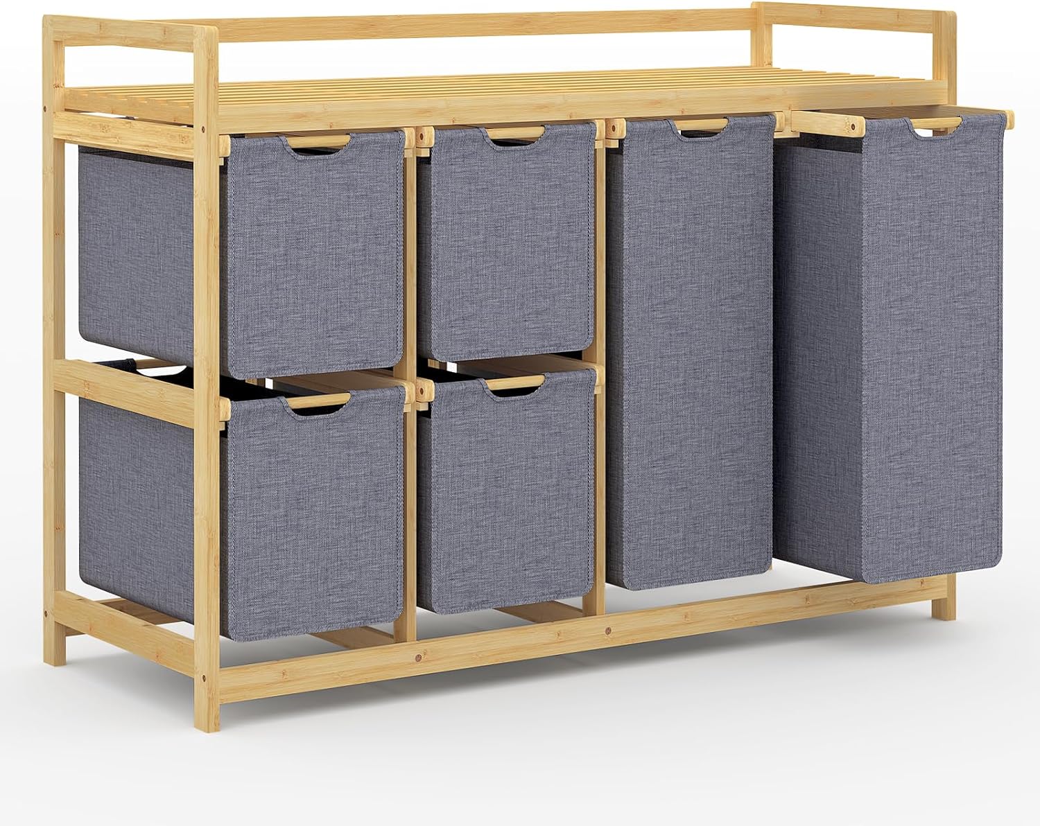 efluky 200L Wäschekorb 6 Fächer, Große Wäschesammler mit Korb Wäschesortierer mit 2 Wäschesäcken und 4 Stoffboxen, Laundry Basket Wäschebox Bambus Wäscheregal für Badezimmer, Schlafzimmer, Grau