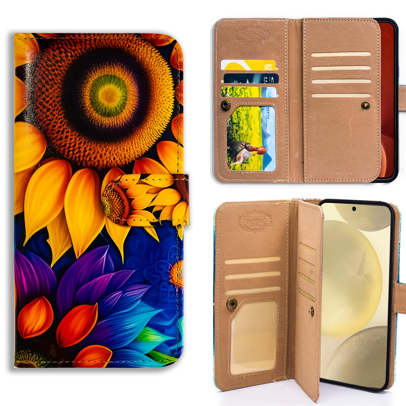 Bcov Case for Samsung Galaxy S24,Yellow Sunflower Multifunction Leather Phone Case Wallet Flip Cover with Multi Card Slots Pocket Wrist Strap for