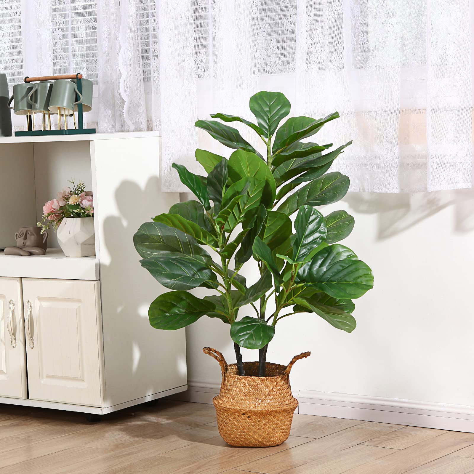 Amazon.com: SOGUYI Artificial Fiddle Leaf Fig Tree 37 Inch Tall Fake Plants  45 Leaves Faux Ficus Lyrata Tree in Pot, Come with Woven Seagrass Belly  Basket Floor Plants for Home Office Living