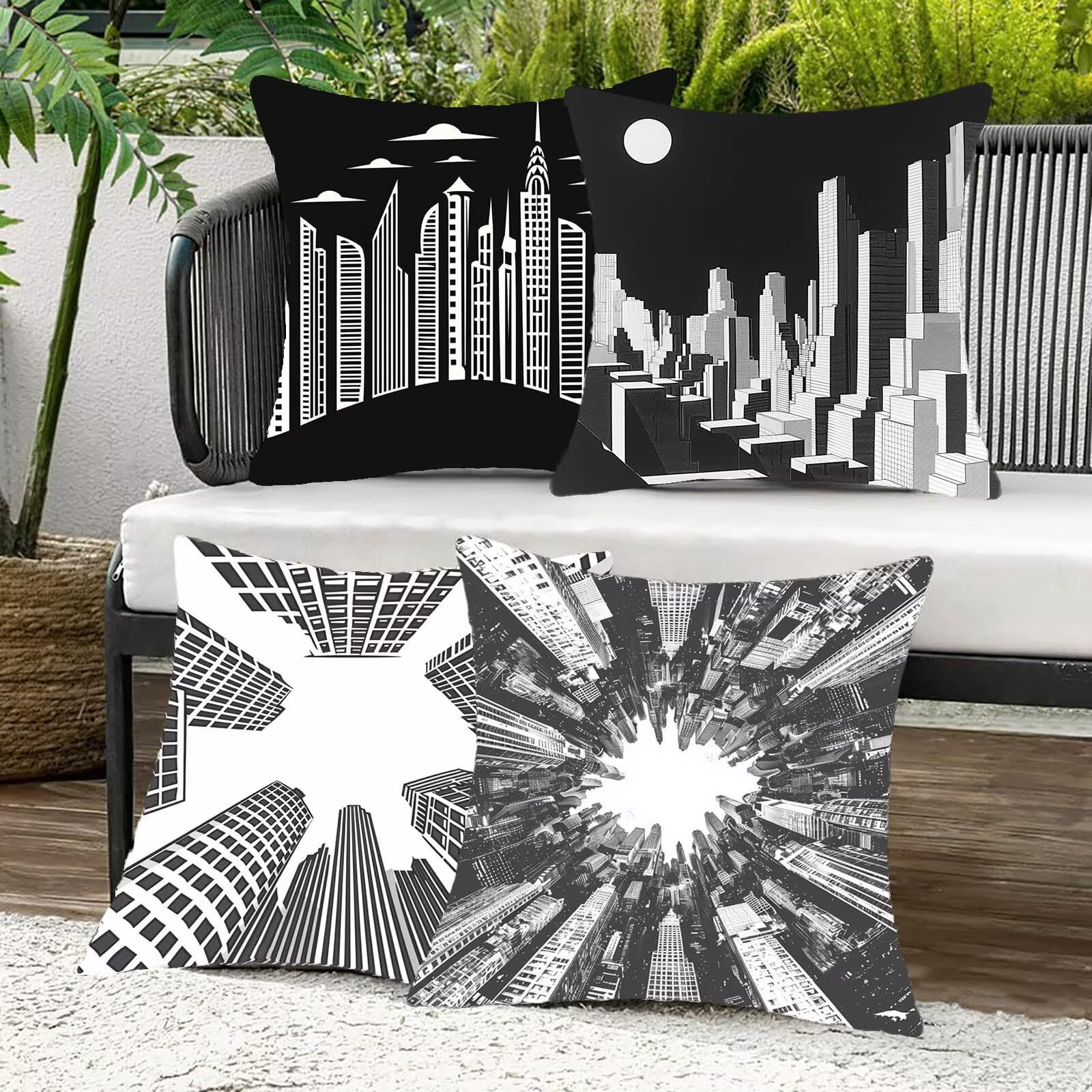 Kissenbezug 60x60 cm Stadt 4er Set Sofakissen Superweichem Doppelnähten Versteckter Reißverschluss Schwarz Outdoor Kissen Leinen gelten für Auto Terrassen-Gartenbank Wohndeko Schlafzimmer Sofa S-I