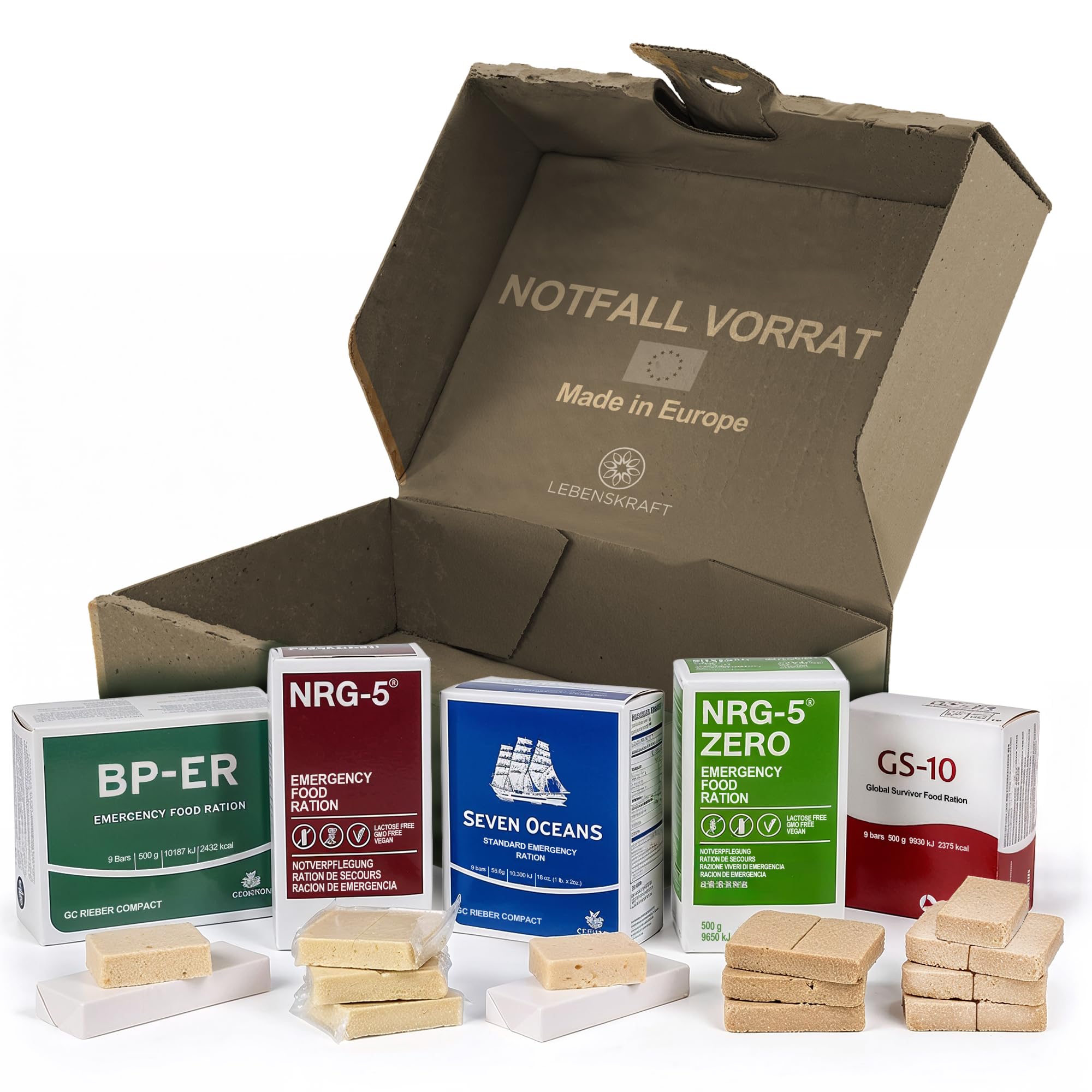 Notfallnahrung Testpaket BP-ER, NRG-5, Seven Oceans & GS-10 Notration + NRG-5 ZERO glutenfrei - Survival Food Set für Katastrophenschutz & Notvorrat Lebensmittel - Langzeitnahrung 20 Jahre genießbar