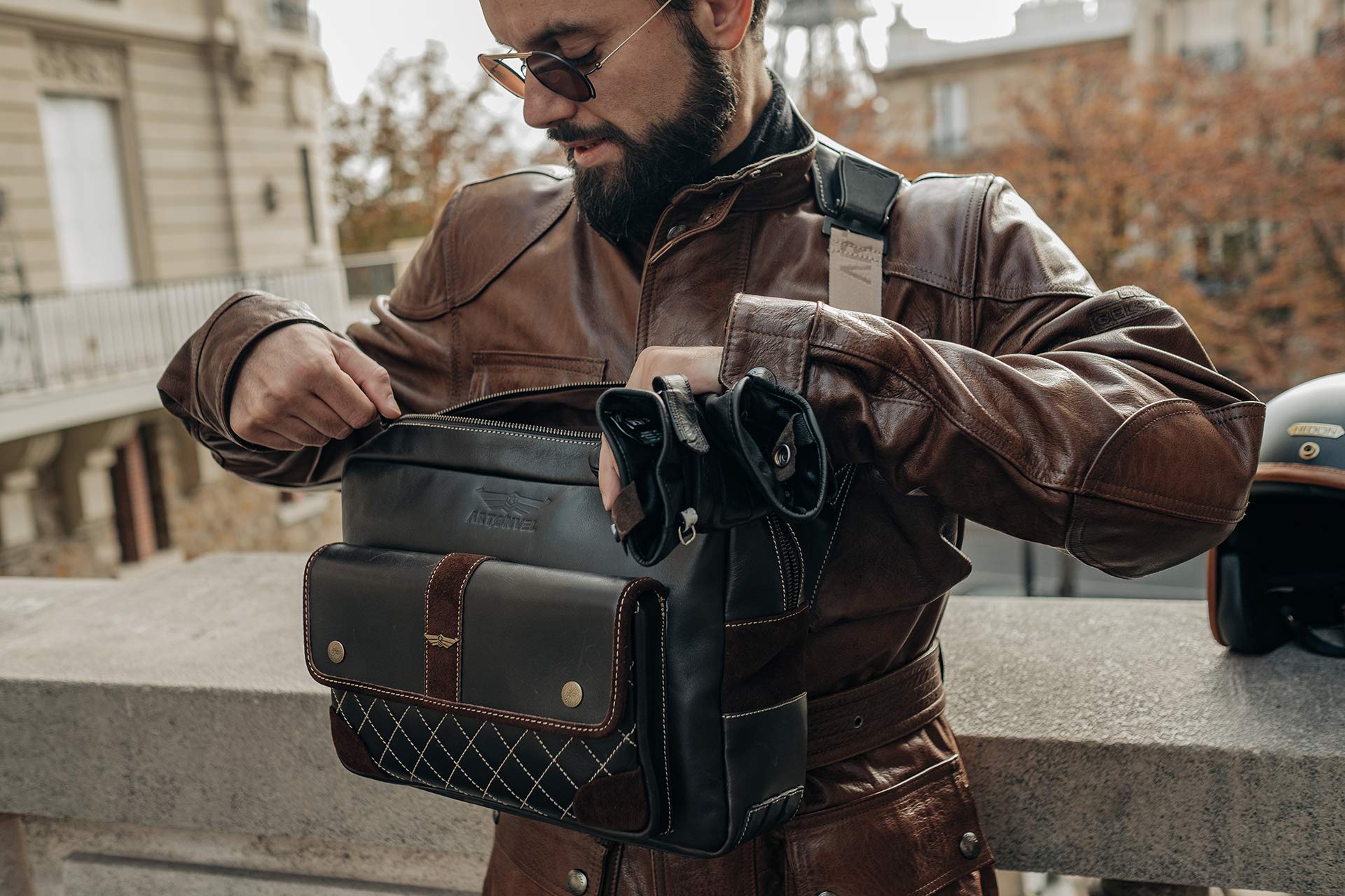 Umhängetasche Moto Aviator – Rindsleder Vollnarbenleder Vintage & Veloursleder – wasserdicht & leicht – Tasche verstellbar – ergonomisch – langlebig, braun, Retro