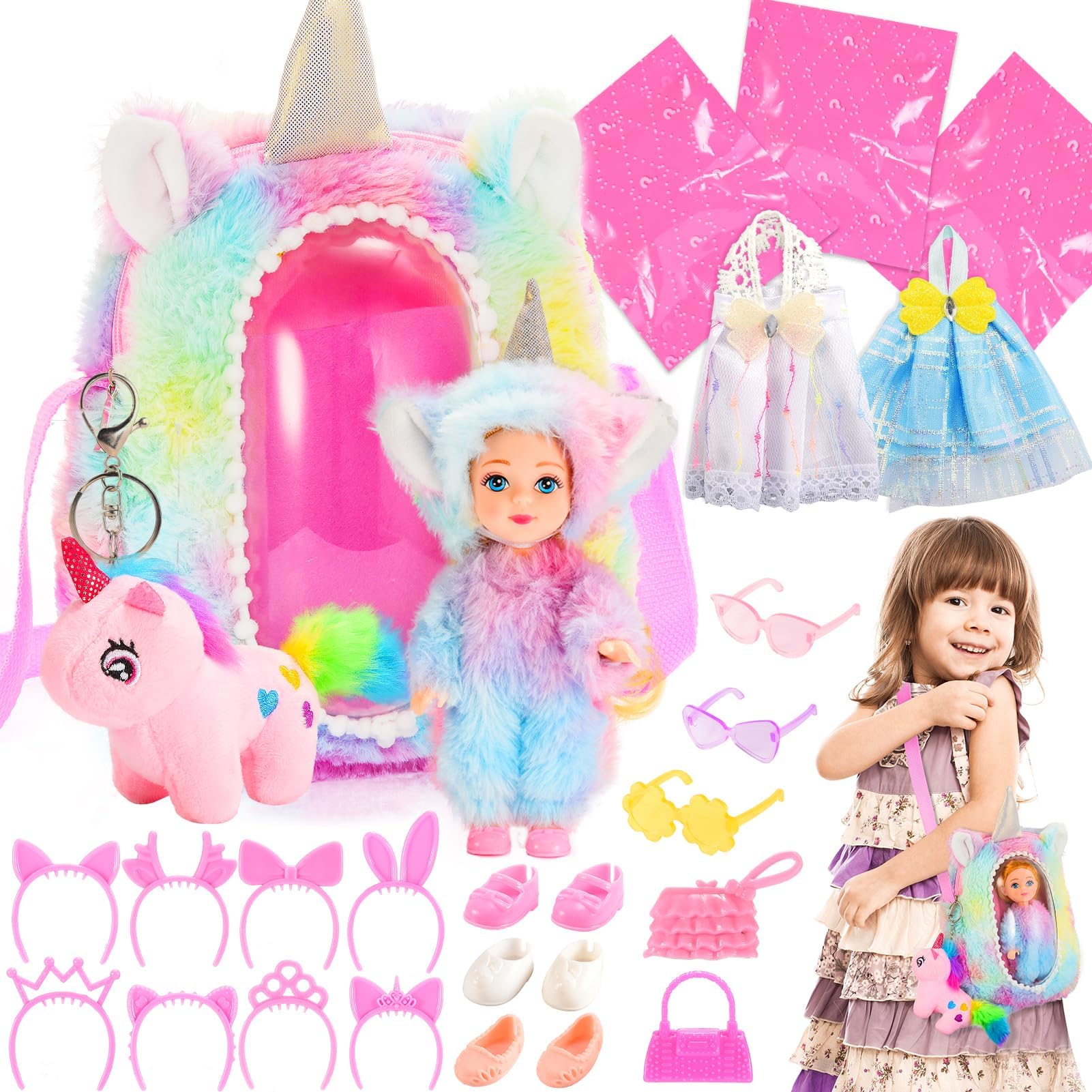 Funblitz Unicorn Gifts for Girls, Unicorn Toys for 4-8 Year Olds, Dress Up Bag and Doll with Mystery Accessories