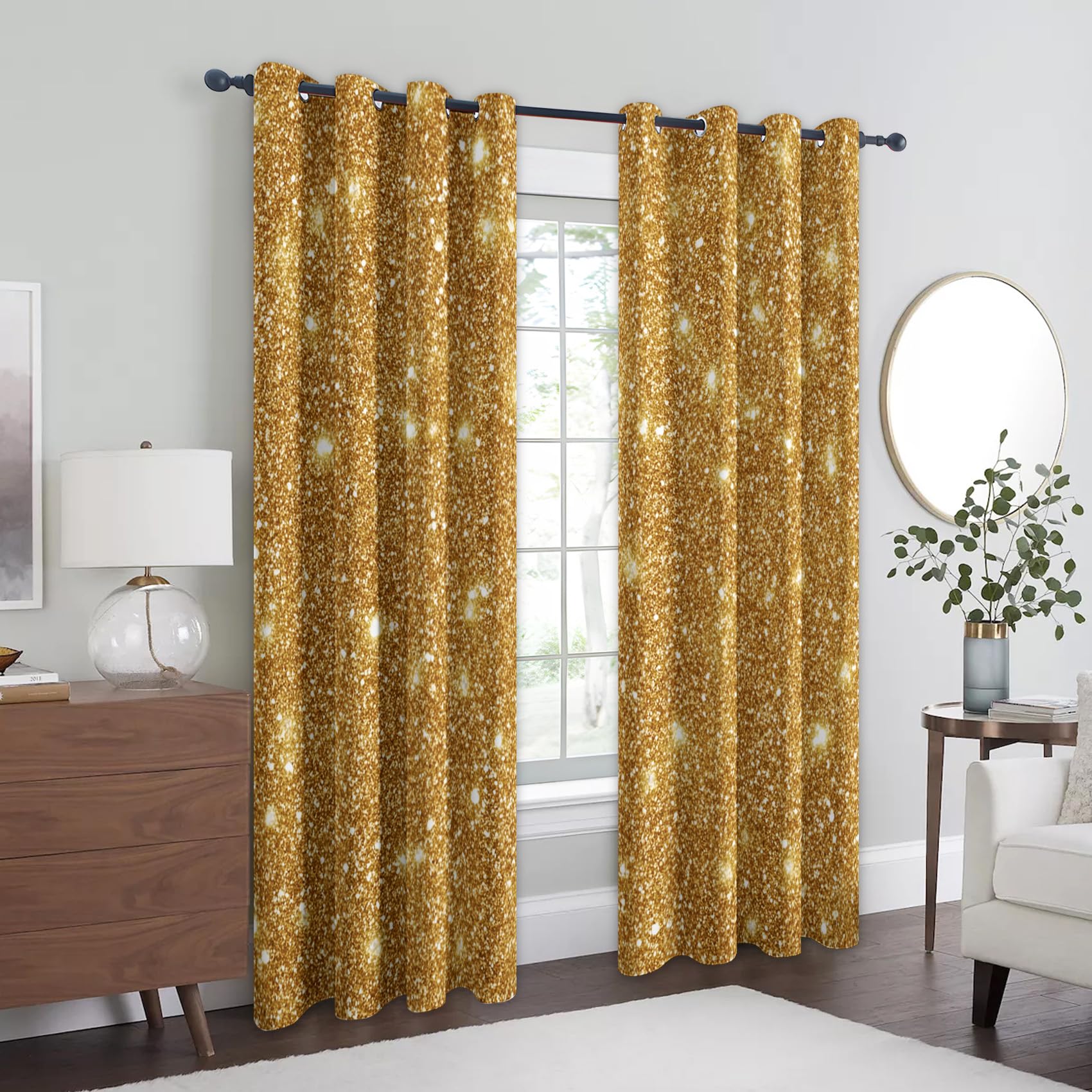Generisch Blickdichte Vorhänge Glitzerndes Gold Muster, H 160 x B 140 2er Set - Moderne Kunst Luxus Fenster Gardinen mit Ösen, 160 cm Lang Curtains Wohnzimmer Schlafzimmer Deko SX&159