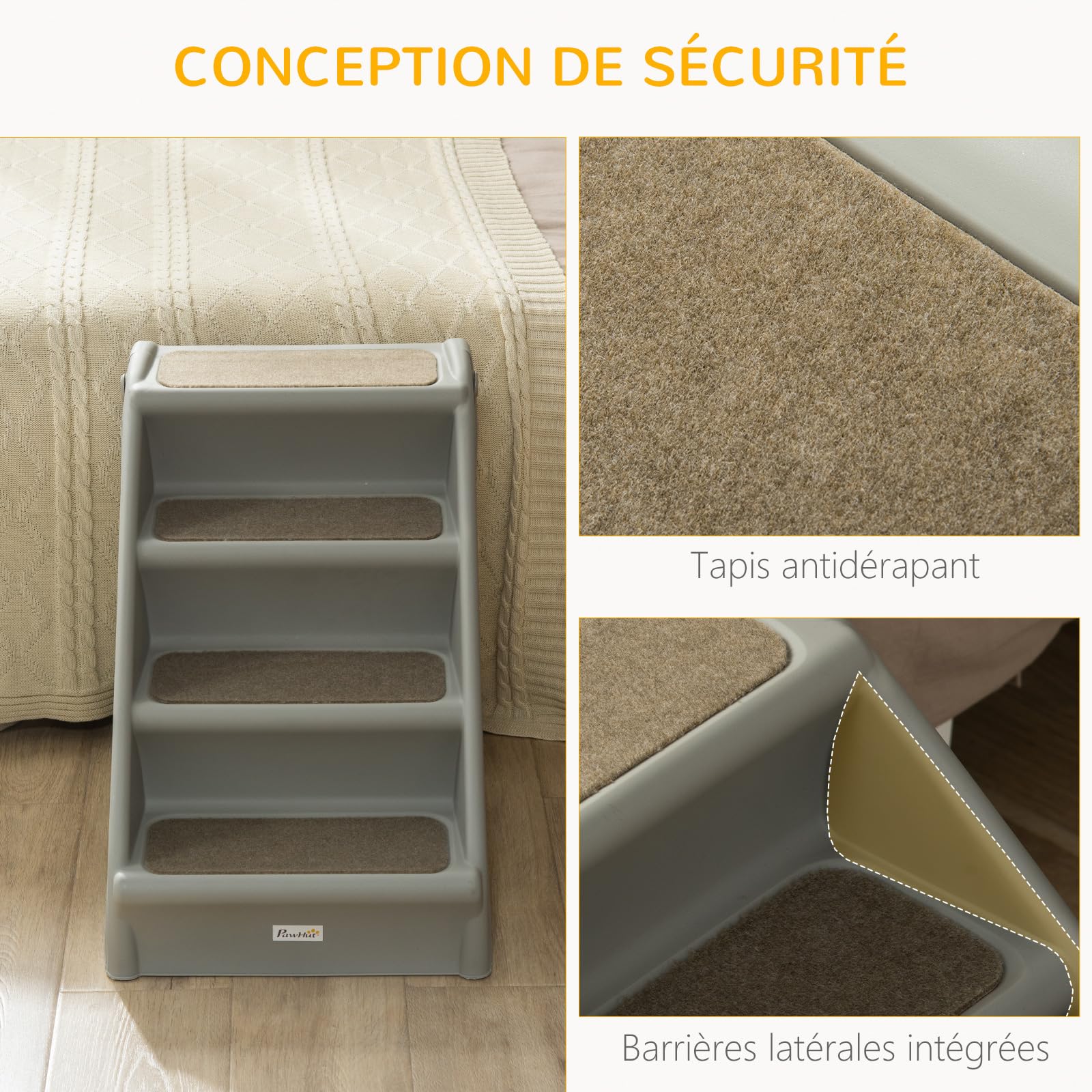PawHut Escalier pour Chien Pliant 4 marches Antidérapantes, Portable en Plastique, Charge 10 kg, 62 x 38 x 49,5 cm, Gris