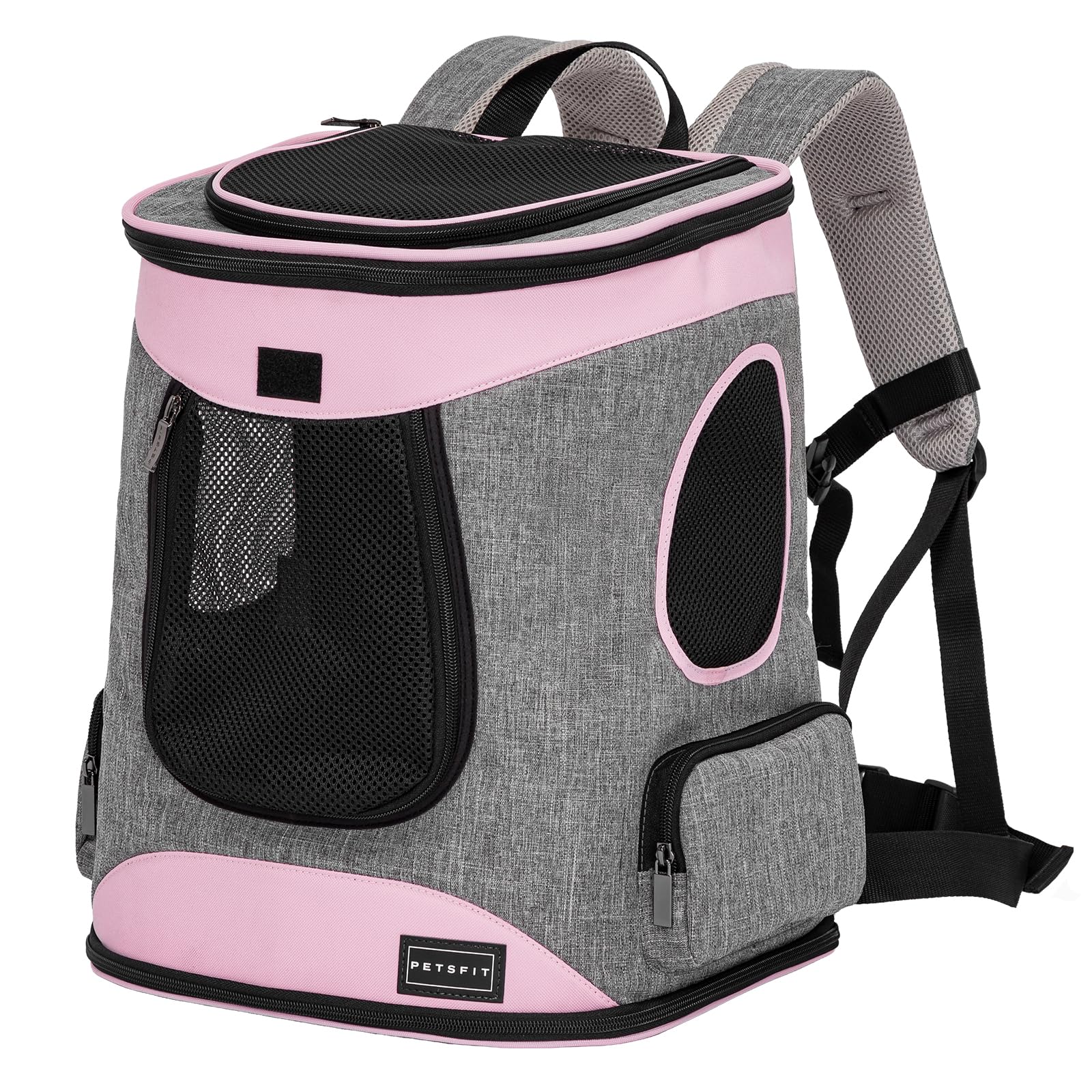 Petsfit Ergonomic Cat and Dog Carrier Backpack with Chest Strap and Waist Strap - Breathable 360° Mesh and Padded Cushion for Large Animals, Pink