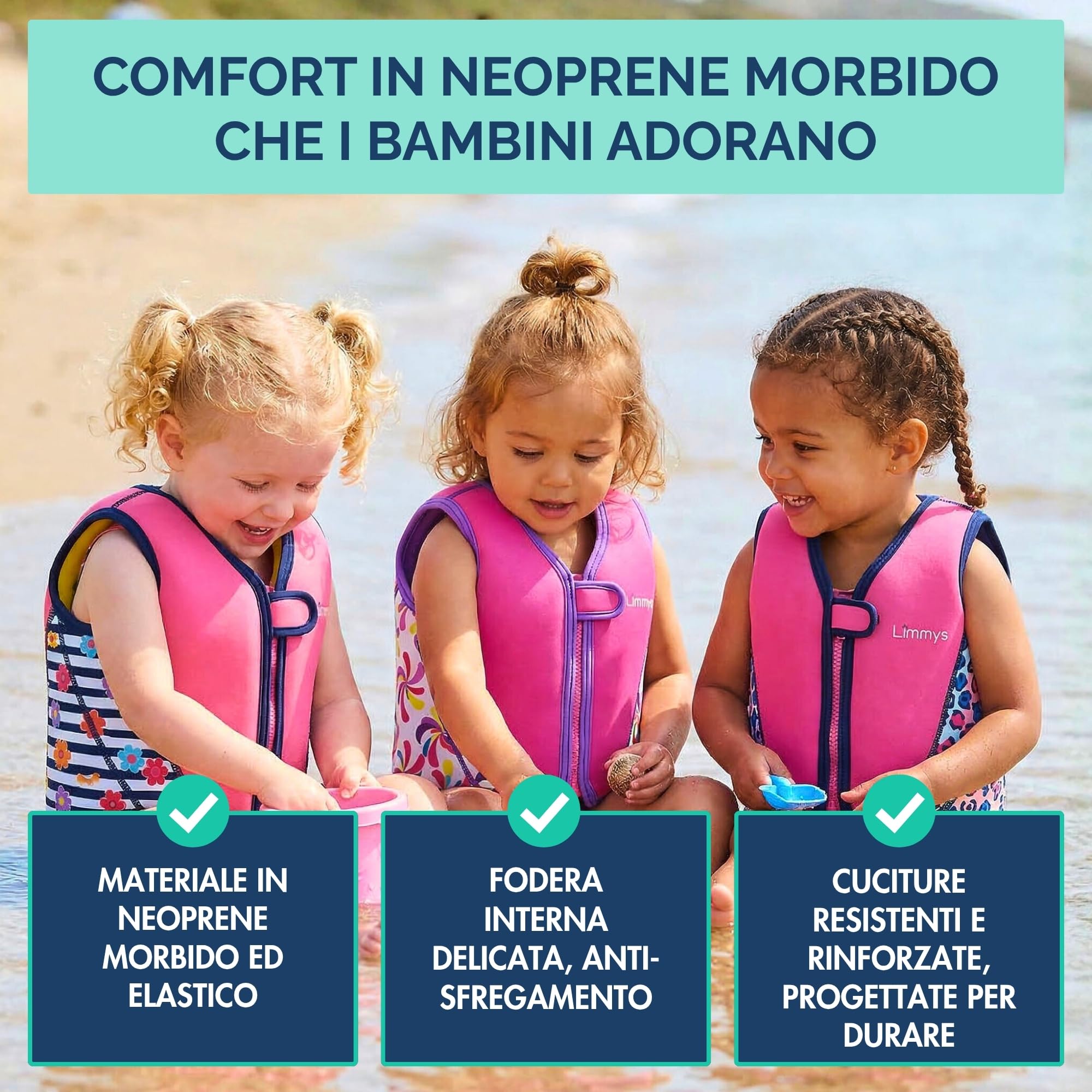 Gilet da Nuoto Limmys per Bambini – Sistema di Galleggiamento Regolabile a 8 Pannelli, Certificato CE, Design Premiato, Comfort in Neoprene Morbido, Struttura Resistente, Sacca Inclusa