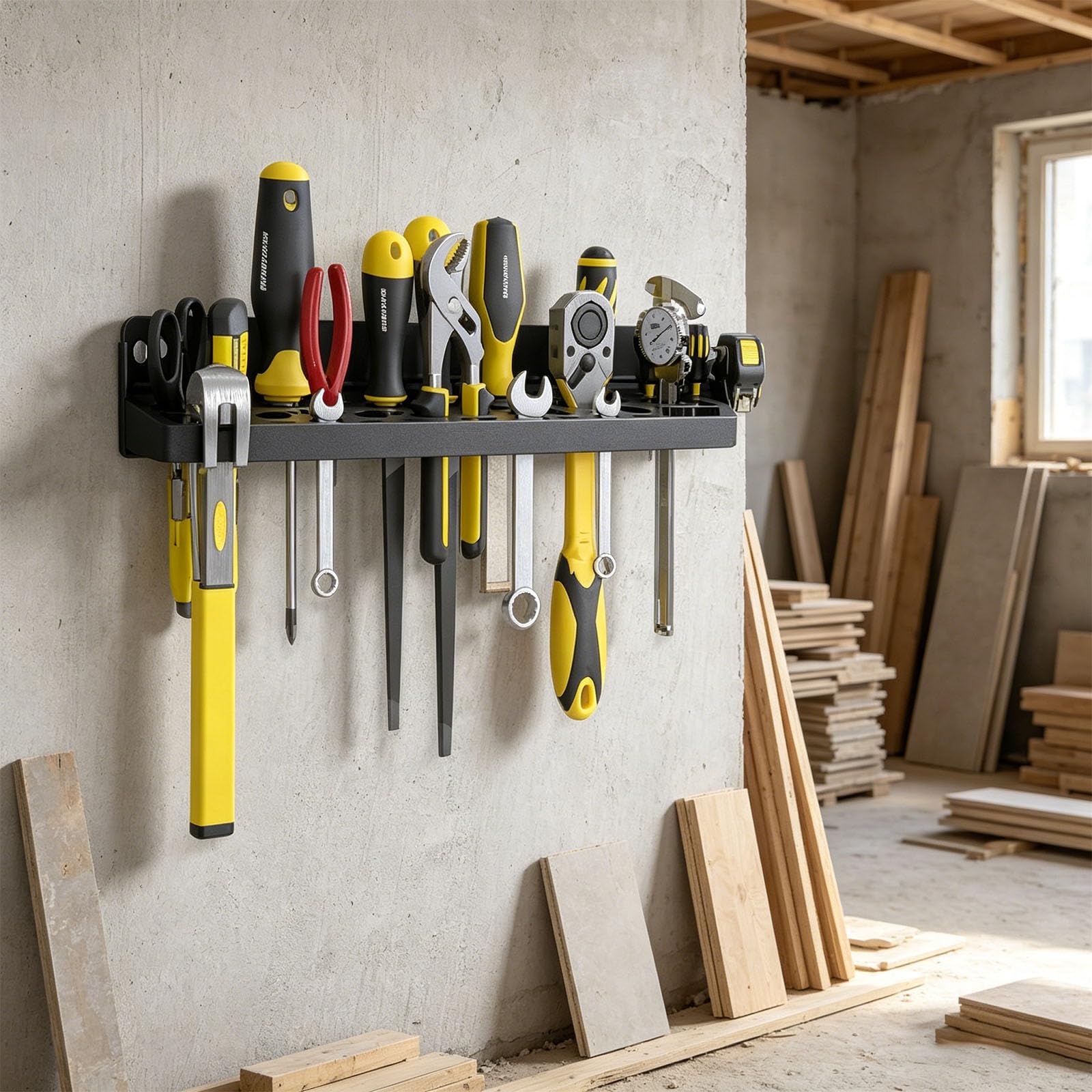 Estante de herramientas de garaje de 51 agujeros montado en la pared de acero al carbono de calibre pesado para almacenamiento consistente de herramientas, estante compacto para taller