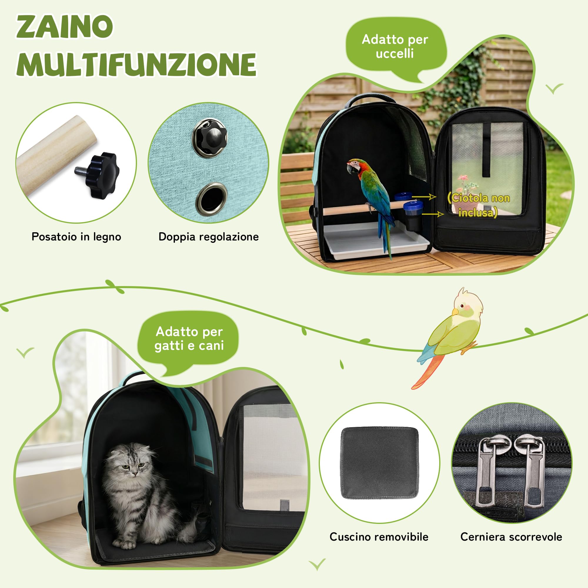 ALLSOPETS Zaino per Uccelli per Pappagalli e Piccoli Animali – Borsa Traspirante con Posatoio Regolabile e Vassoio Rimovibile, Ideale per Viaggi e attività all’Aperto (Blu Ghiacciaio)