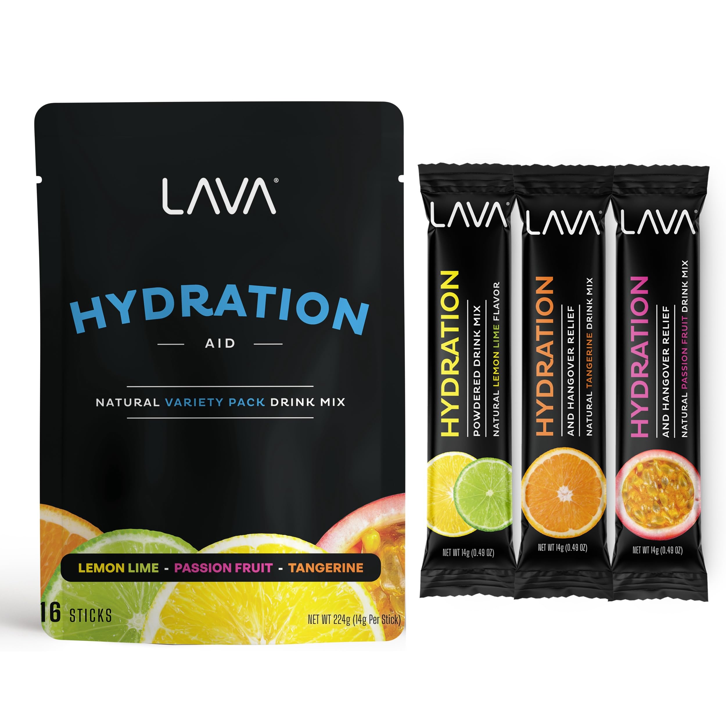 LAVA Recovery Variety Pack | Electrolyte Powder Drink Mix | Lemon Lime, Passion Fruit & Tangerine Hydration Powder Packets | Low Sugar, Gluten Free, Non-GMO | 16 Sticks