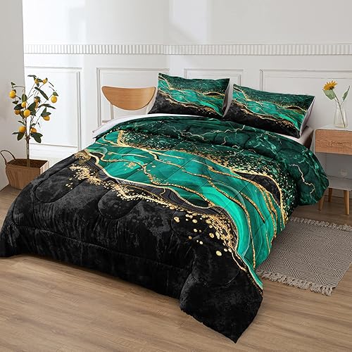 Miniatura 8 de Juego de edredón Queen verde esmeralda, juego de edredón de mármol con estampado metálico negro y dorado, juego de edredón moderno abstracto verde
