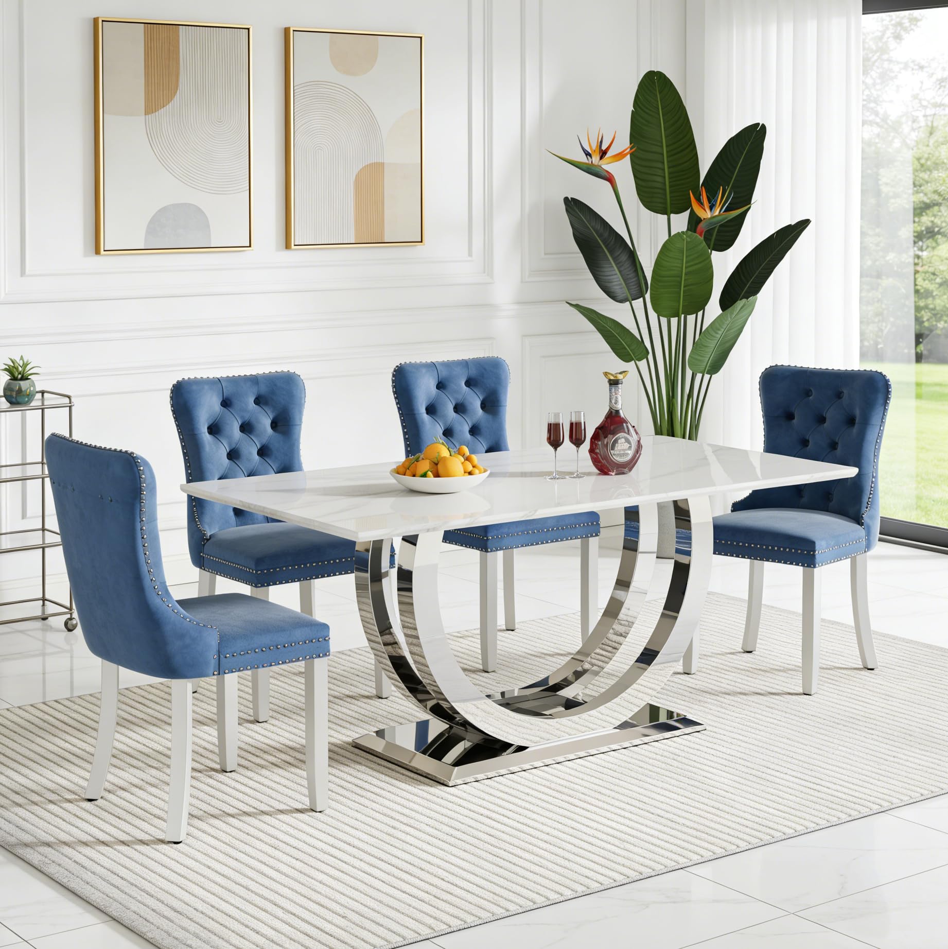 5-Piece Faux Marble Dining Table Set for 4, Luxury White Marble Silver Kitchen Table with 4 Blue Tufted Chairs, 69.3" Rectangular Dining Room Table with Dual U-Shape Stainless Steel Base