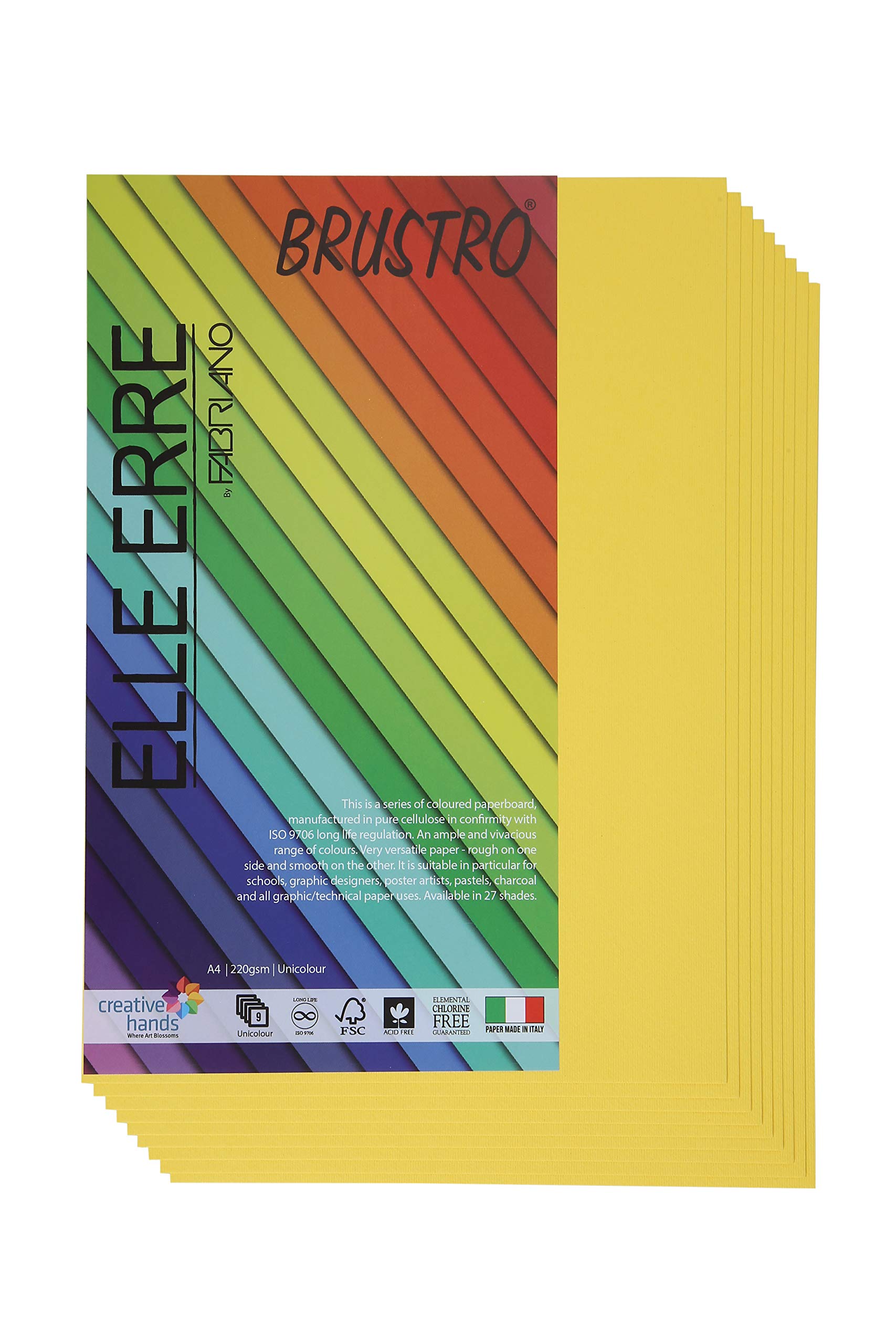 BRUSTRO Elle Erre Coloured Card Stock Craft Paper A4 Size 220 GSM Cedro Colour, Pack of 9 Sheets. Light Yellow Shade|Ide